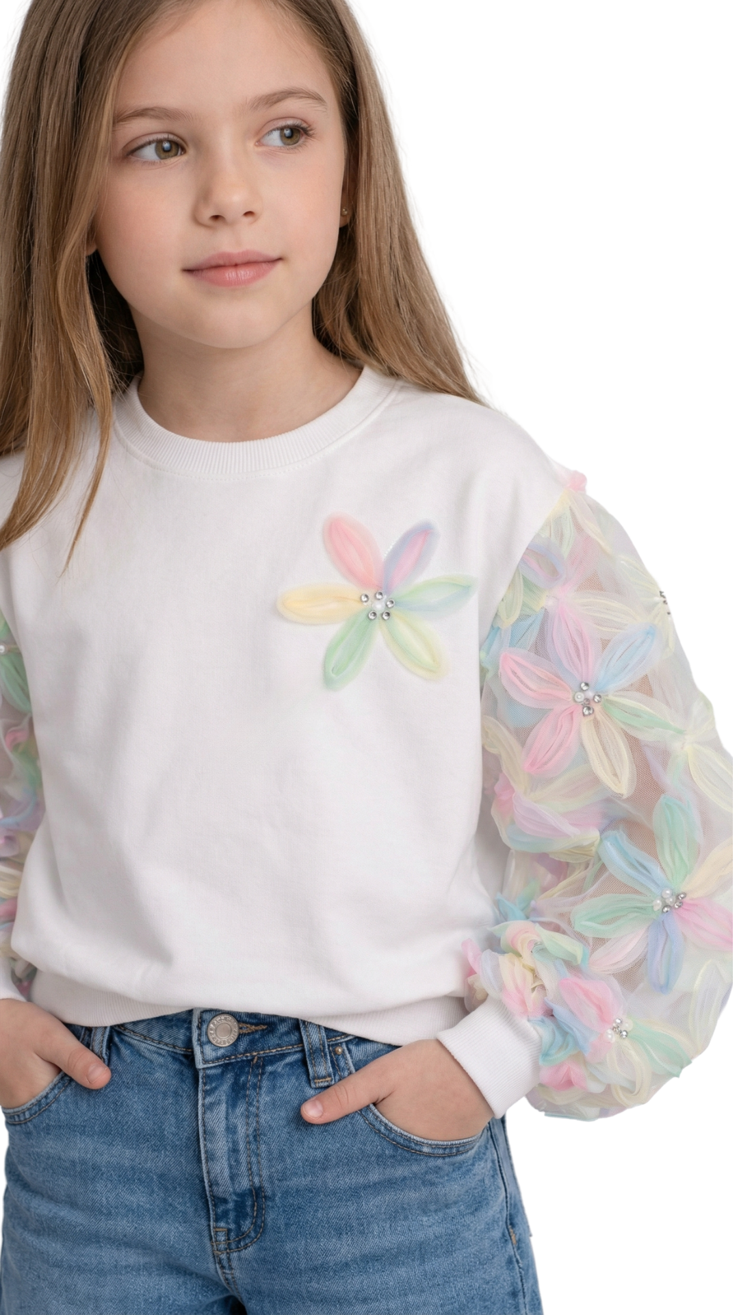 Pastel pink and blue Little Star sweatshirt with floral bloom design, casual long-sleeve sweatshirt for women.