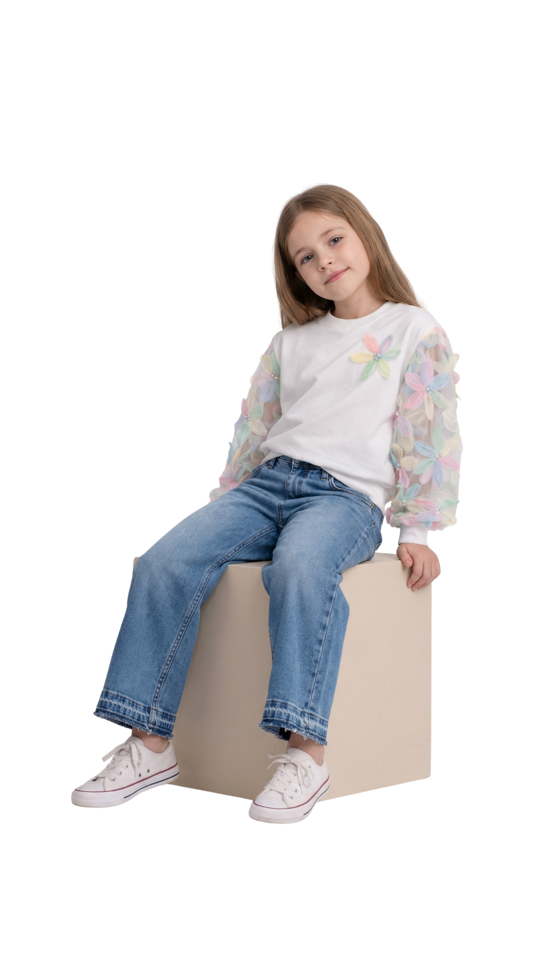 Little Star pastel floral denim set featuring a matching top and jeans with soft pastel colors and floral design.