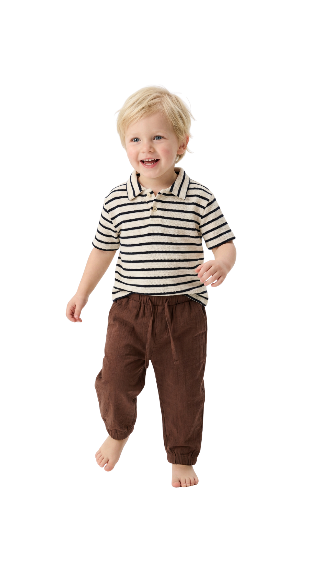 Bobby Jr Kids Wear Coastal Stripe Polo Set with matching shirt and shorts, featuring blue and white nautical stripe pattern for boys.
