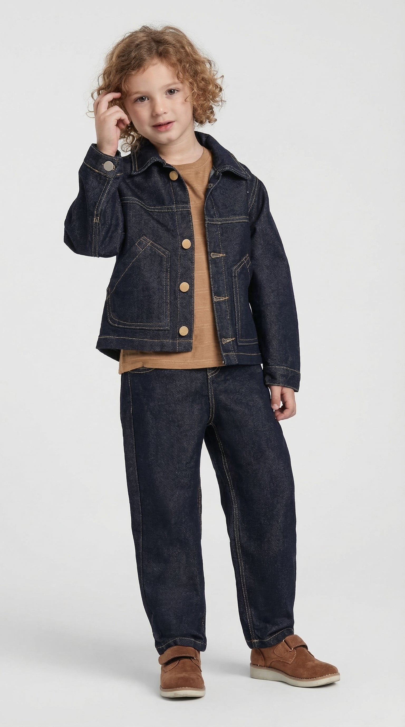 Escable Kids Explorer Denim Three-Piece Set featuring a jacket, top, and shorts in a stylish casual look.