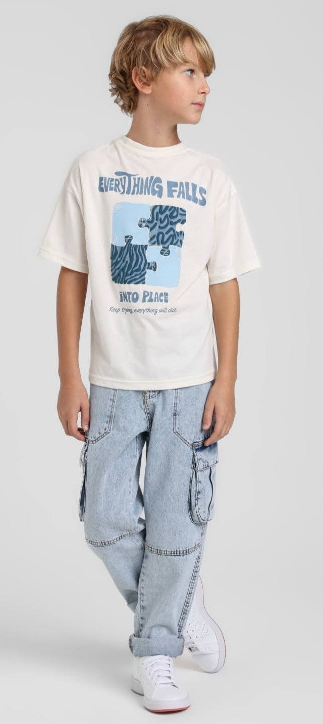Escable Kids Explorer Cargo Denim Pants, stylish blue jeans with cargo pockets, casual fit, perfect for kids' outdoor activities.