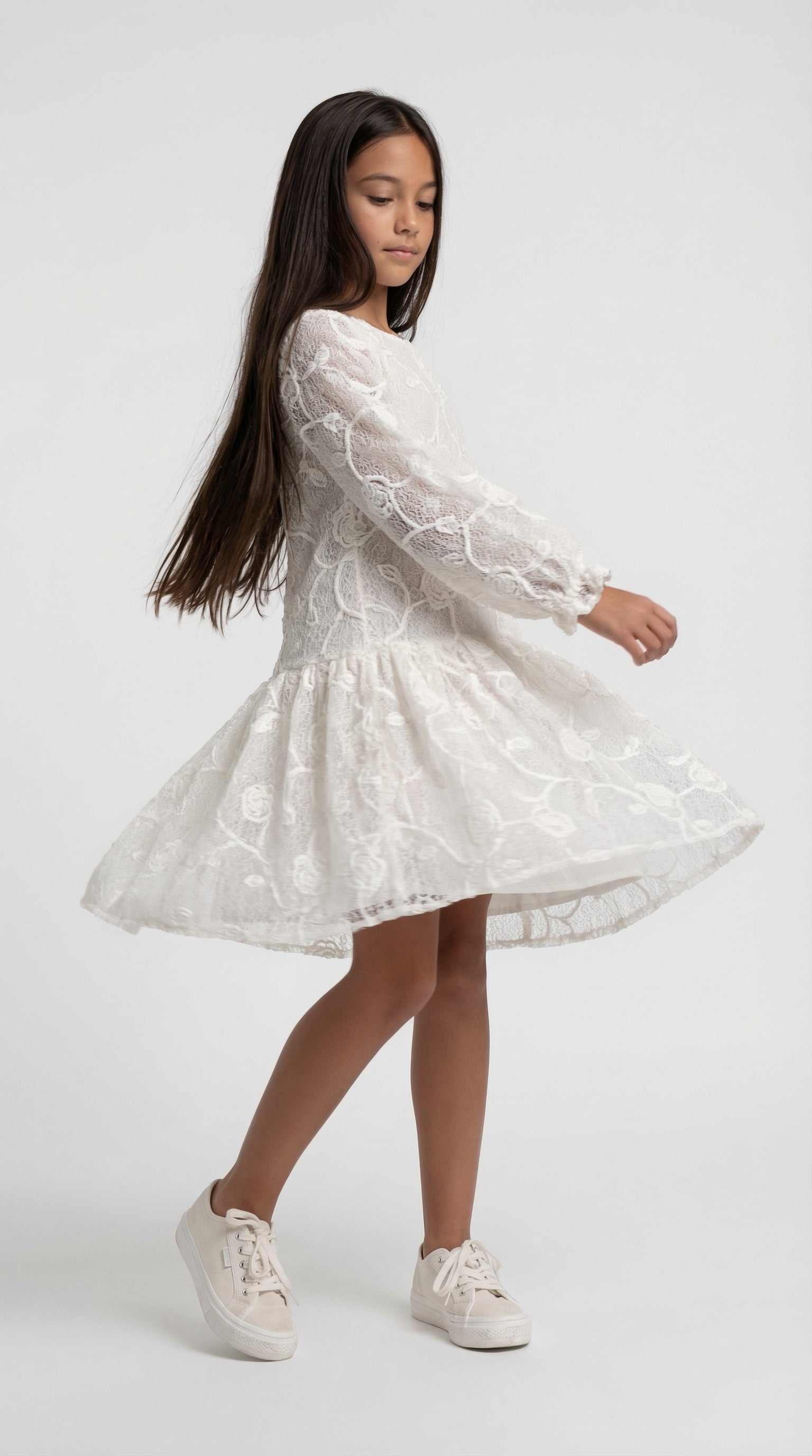 Escable Kids Bloom Lace Dress featuring delicate lace fabric and a charming design, ideal for special occasions.
