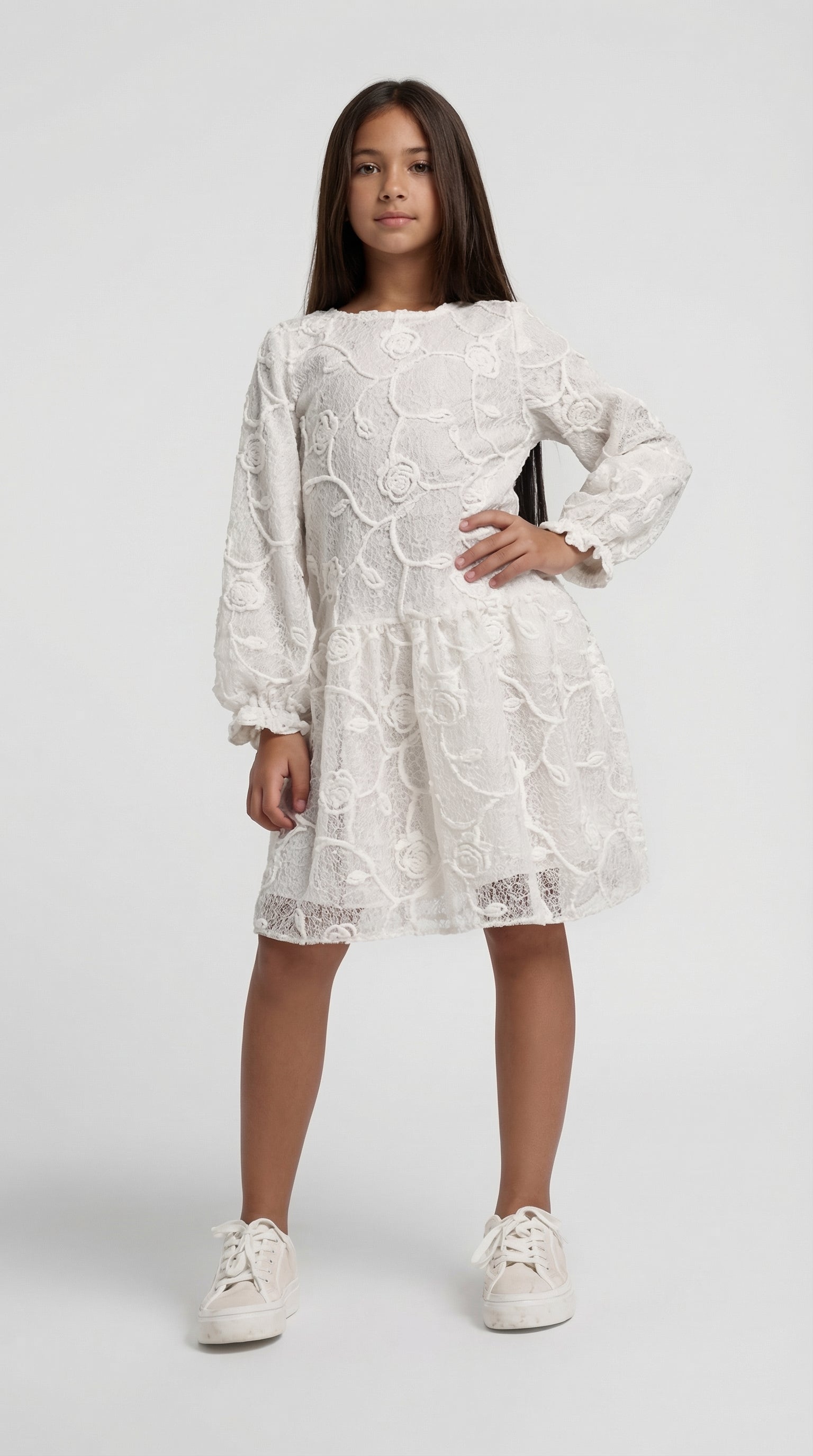 Escable Kids Bloom Lace Dress displayed on a child, featuring delicate lace fabric, floral design, and a classic, elegant style.