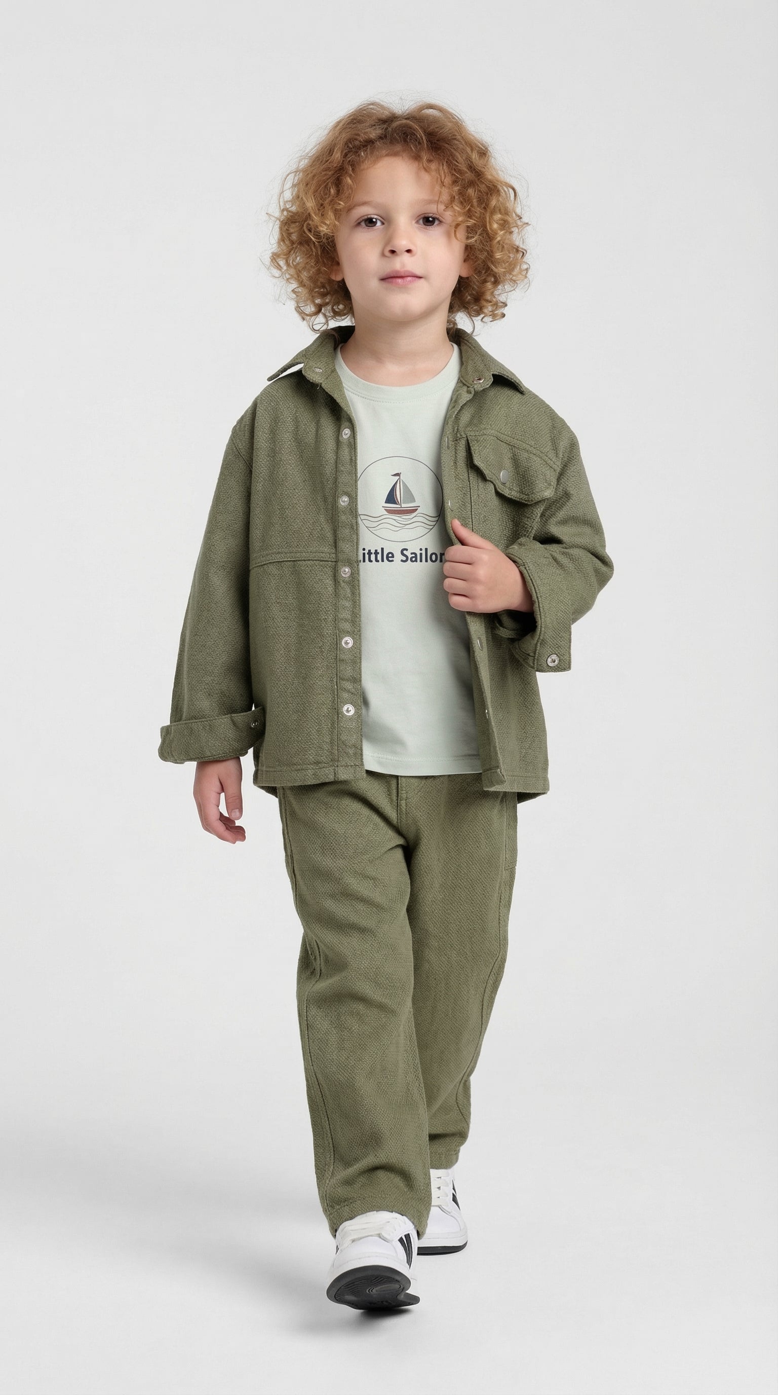 Escable Kids Little Sailor three-piece set featuring a nautical-themed top, shorts, and matching hat.