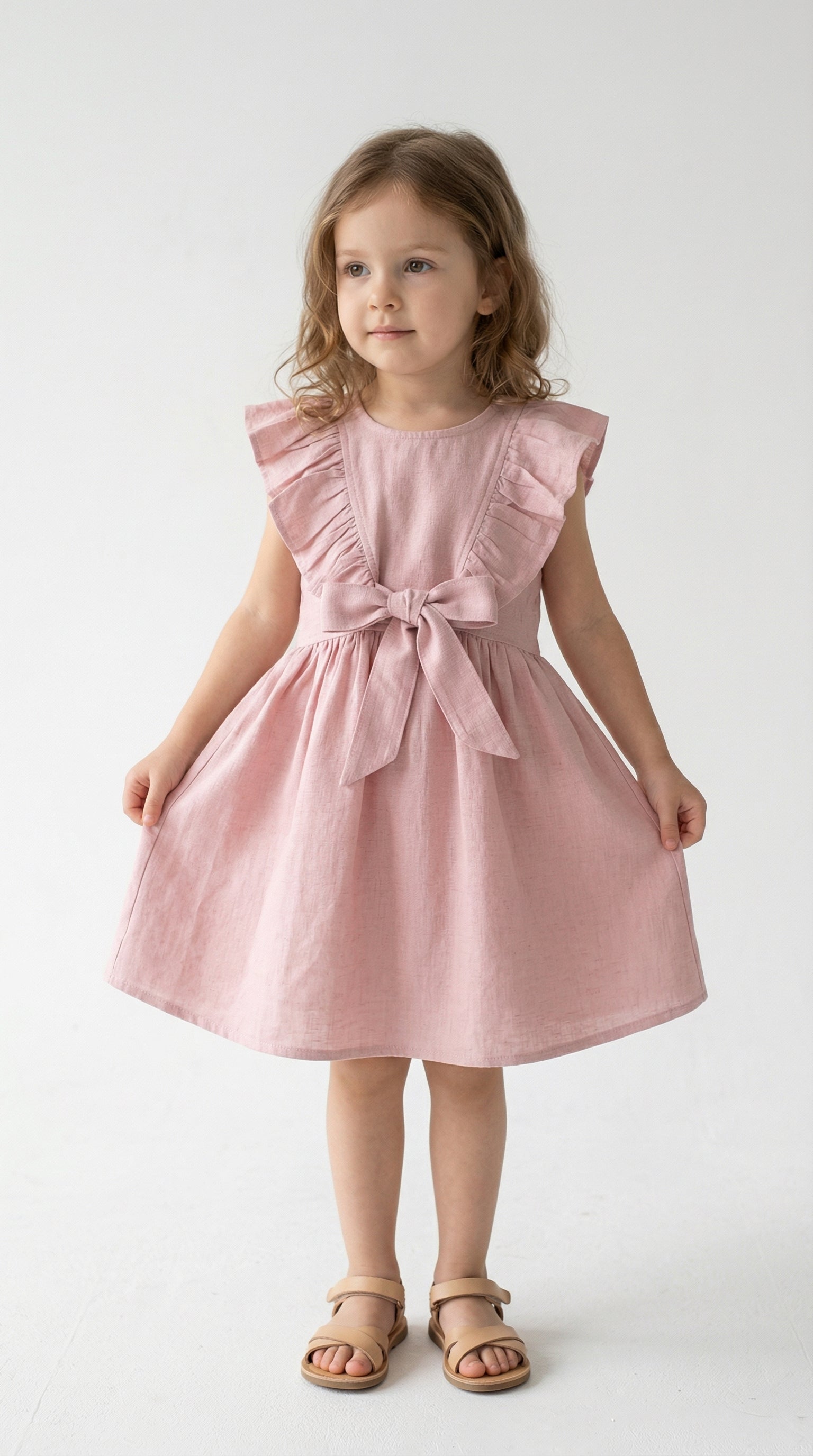 Young girl wearing a pink dress with ruffled sleeves and a bow on a white background