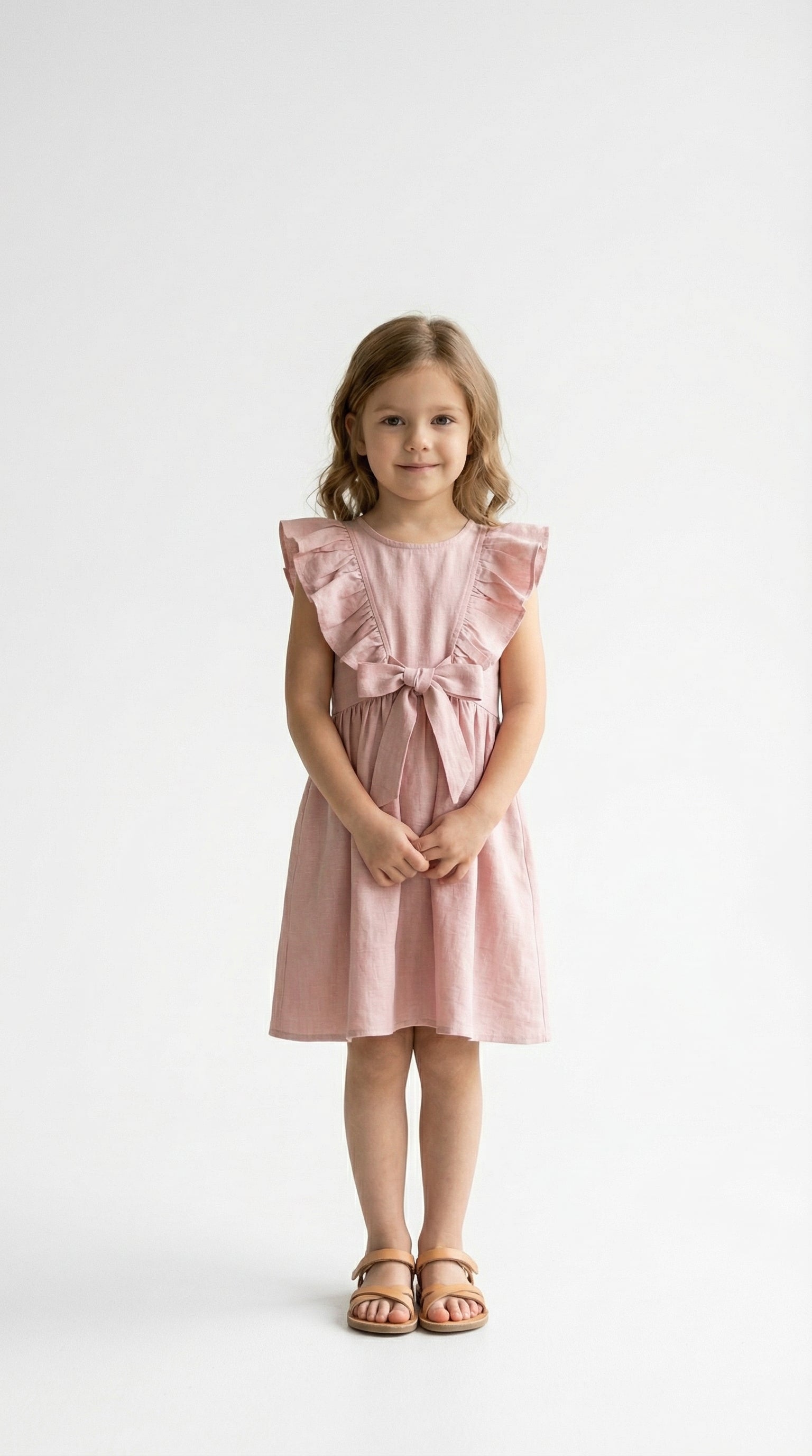 Young girl wearing a pink dress with ruffled sleeves on a white background