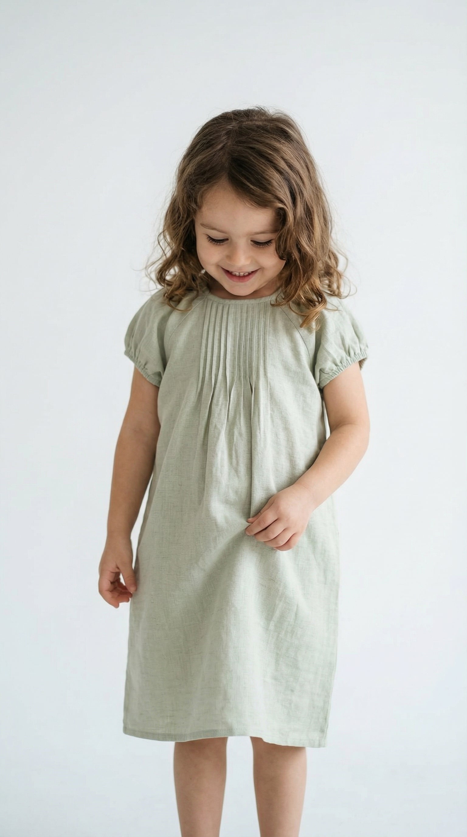 Sage Green Linen Dress with Pleats
