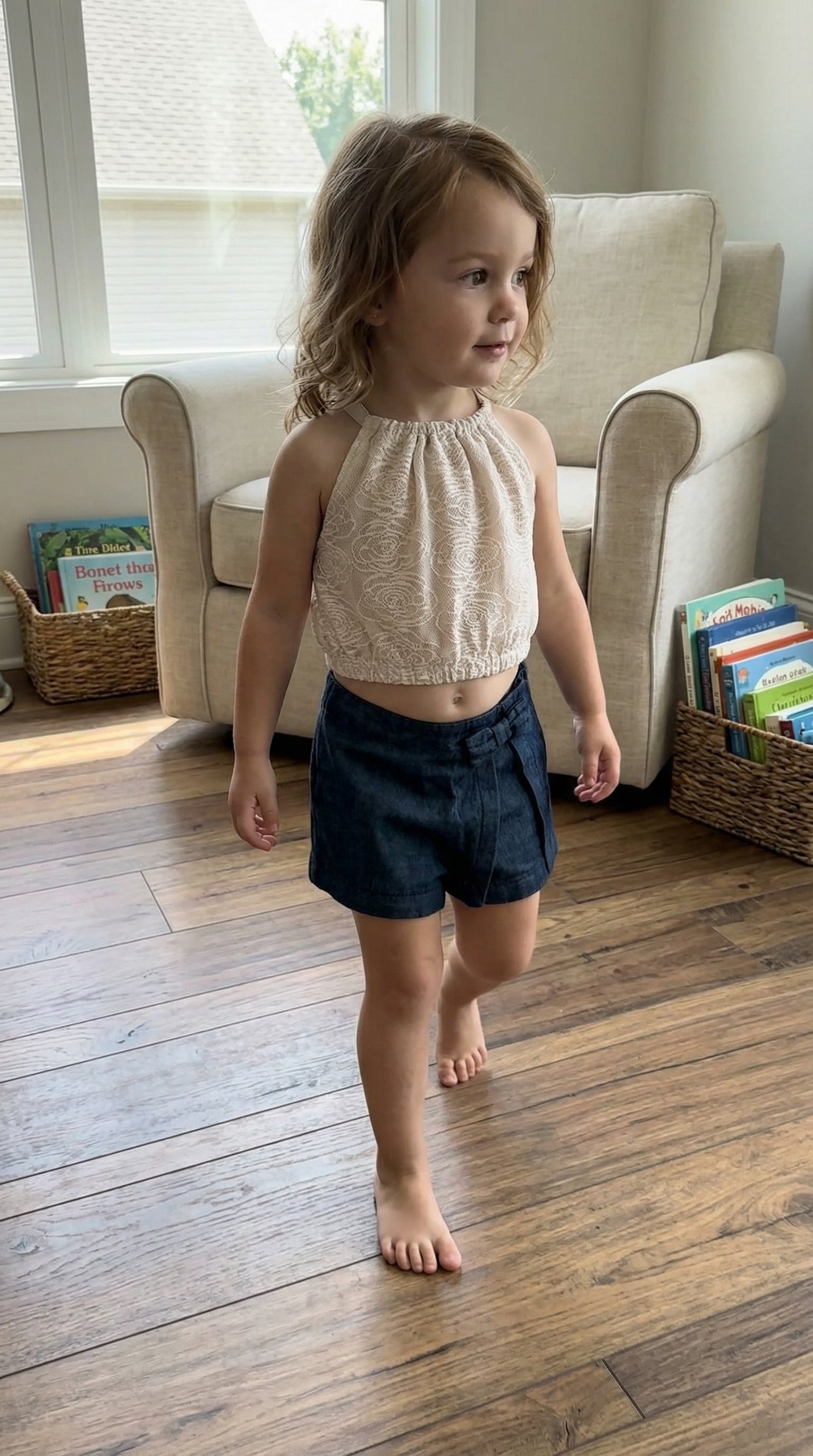 Beige Lace Crop Top with Elastic Hem