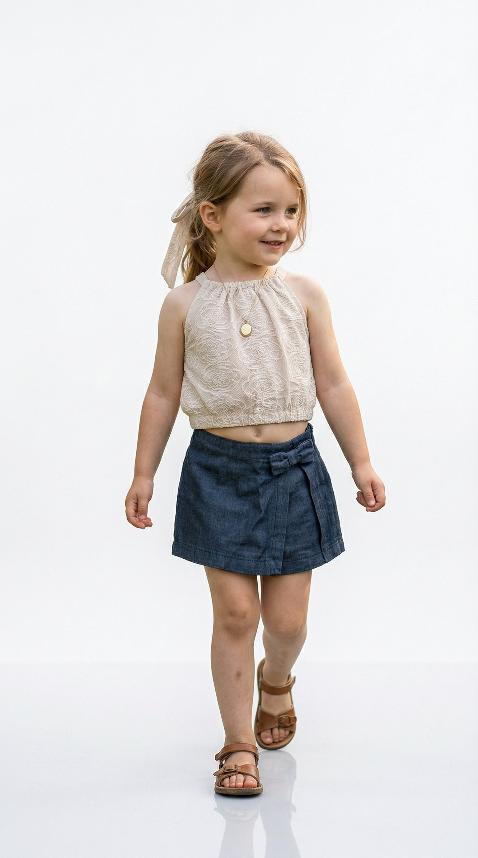 Beige Lace Crop Top with Elastic Hem
