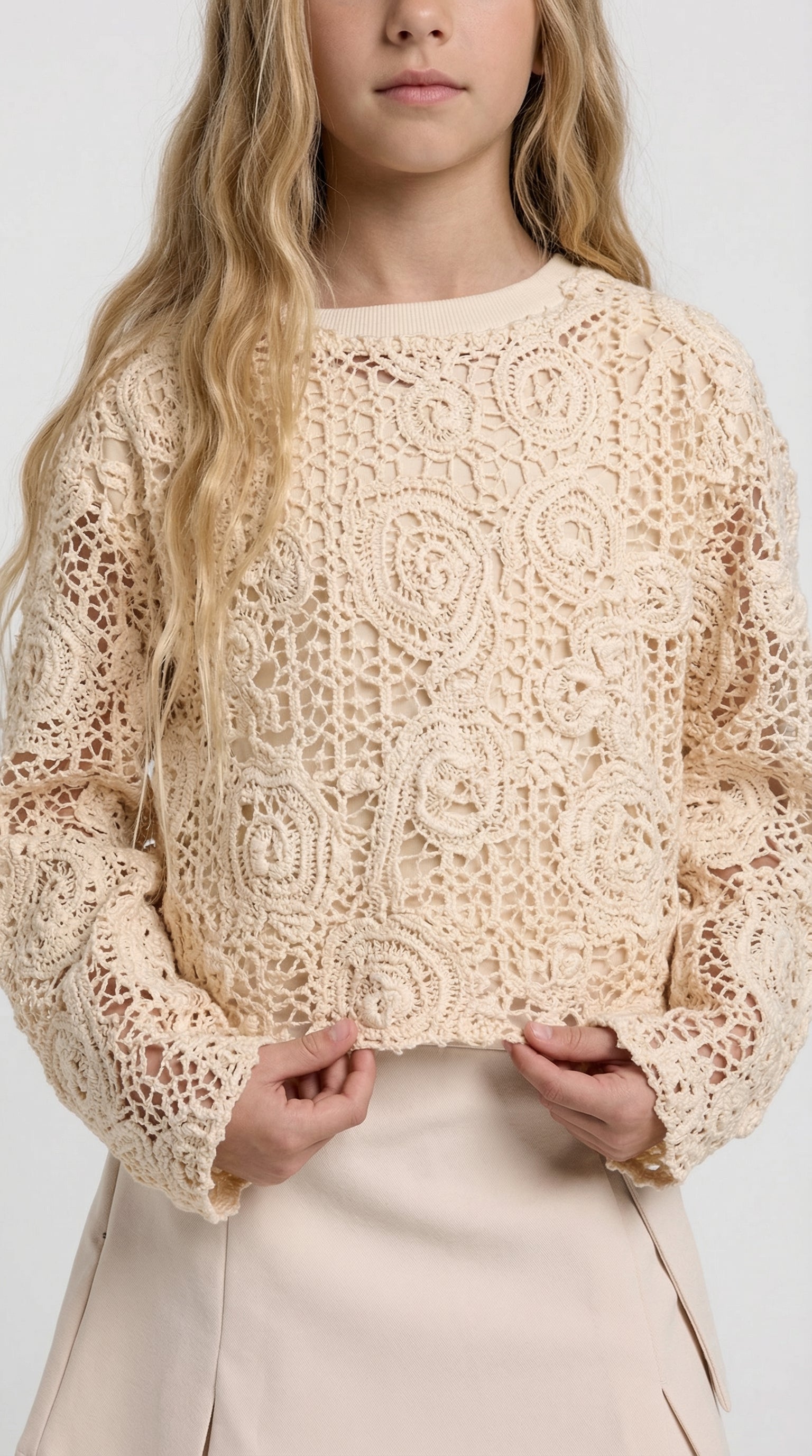 Children's soft sand lace set by Escable Kids, featuring a delicate lace design and comfortable fabric for kids' fashion.