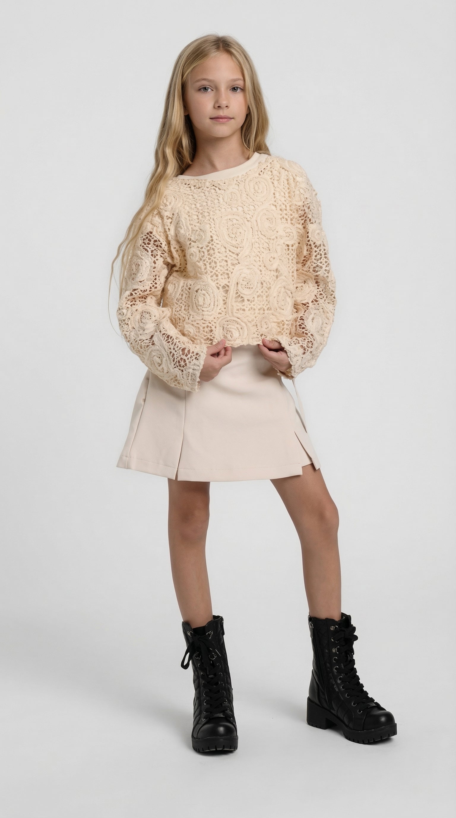 Kids' soft sand lace set by Escable Kids, featuring a delicate lace design, perfect for stylish and comfortable wear.