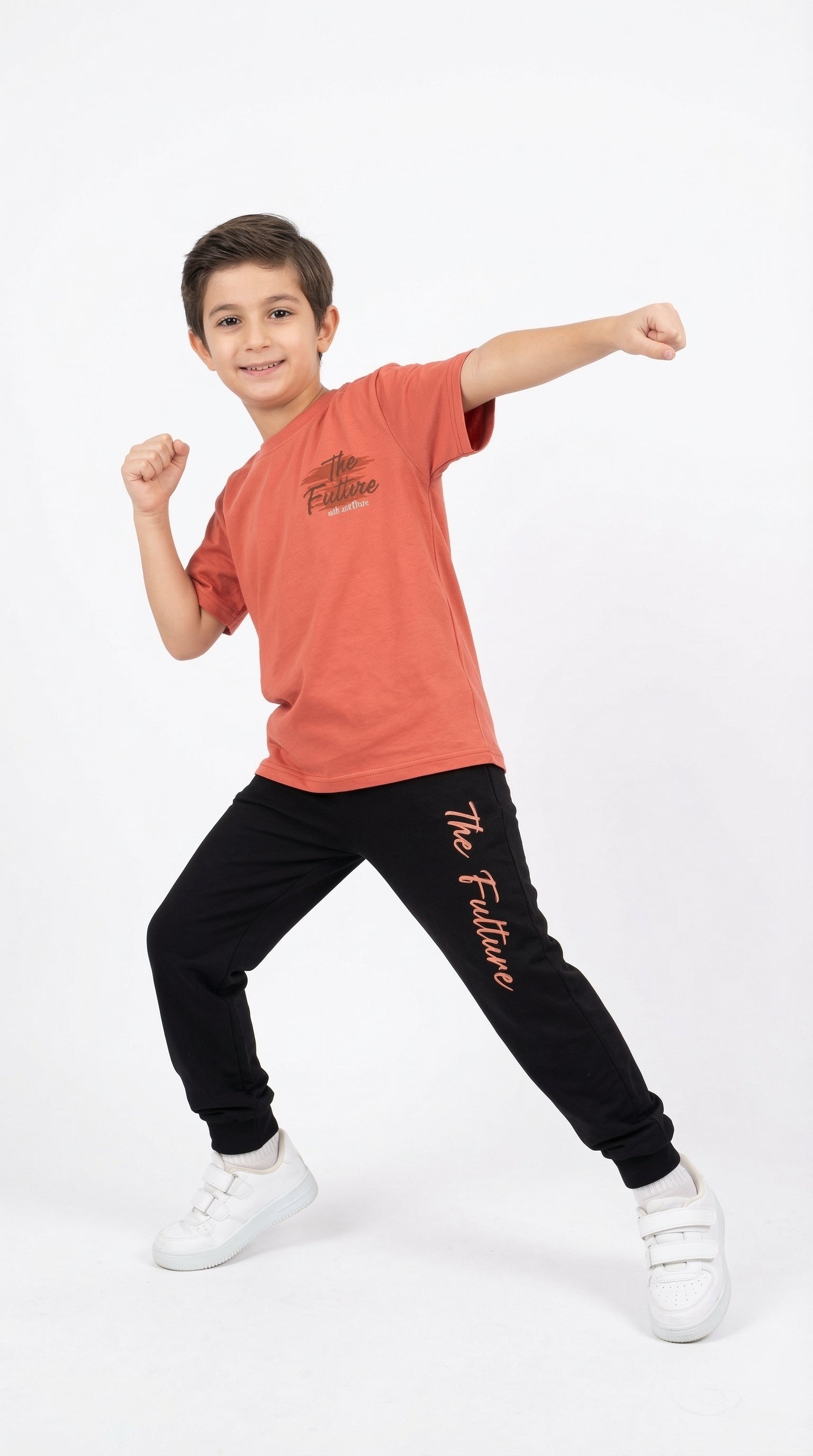 Kocak Kids Future Motion set for kids, featuring colorful sportswear and casual clothing, shown in a realistic fashion studio image.