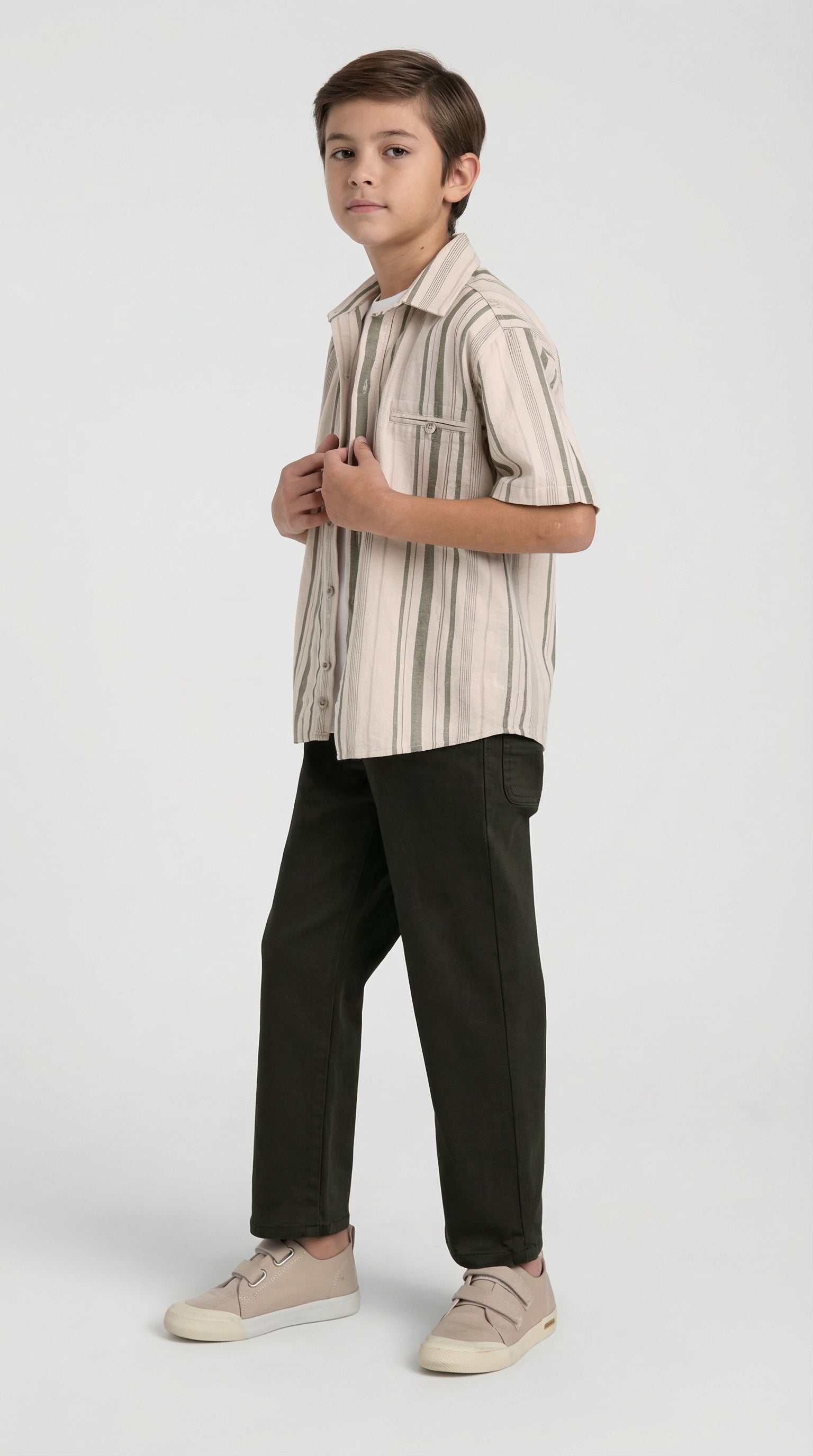 Children's olive stripe shirt and pants set by Escable Kids, featuring a coordinated casual outfit for kids.