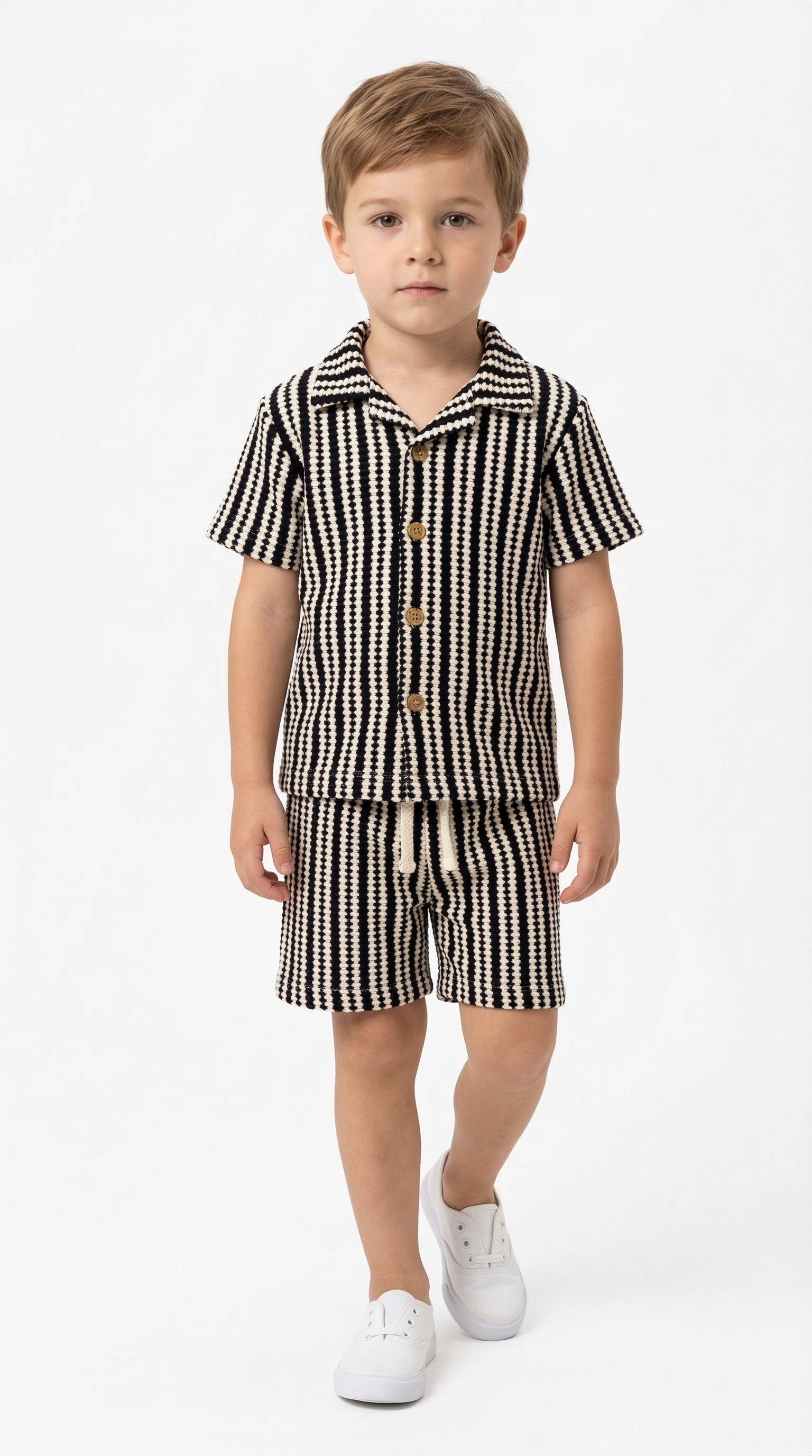 Children's summer set by Bobby Jr Kids Wear featuring a mono stripe design, includes top and shorts for kids' casual summer style.