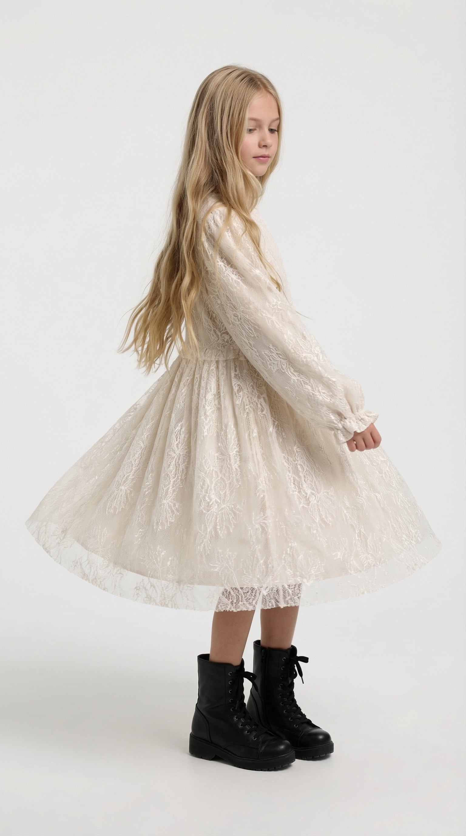 Ivory lace princess dress for girls by Escable Kids, featuring delicate lace details and a classic, elegant design.