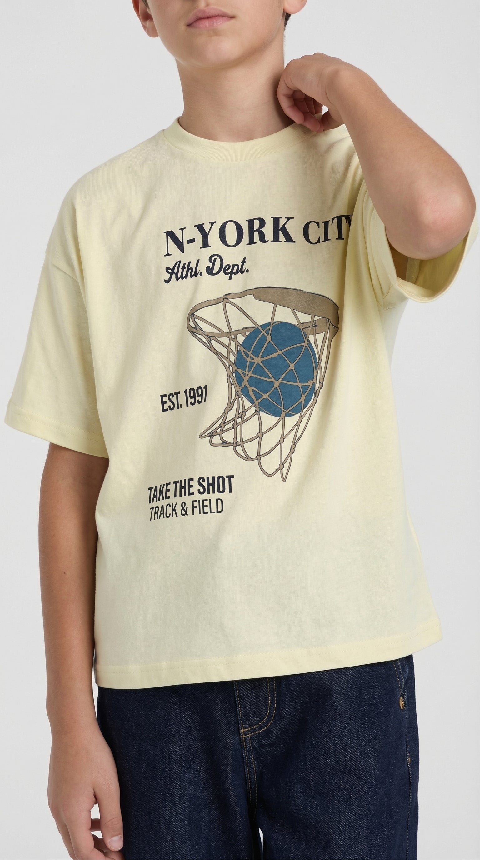 Children's NY T-shirt and denim set by Escable Kids, featuring a stylish T-shirt with denim shorts on a child model.