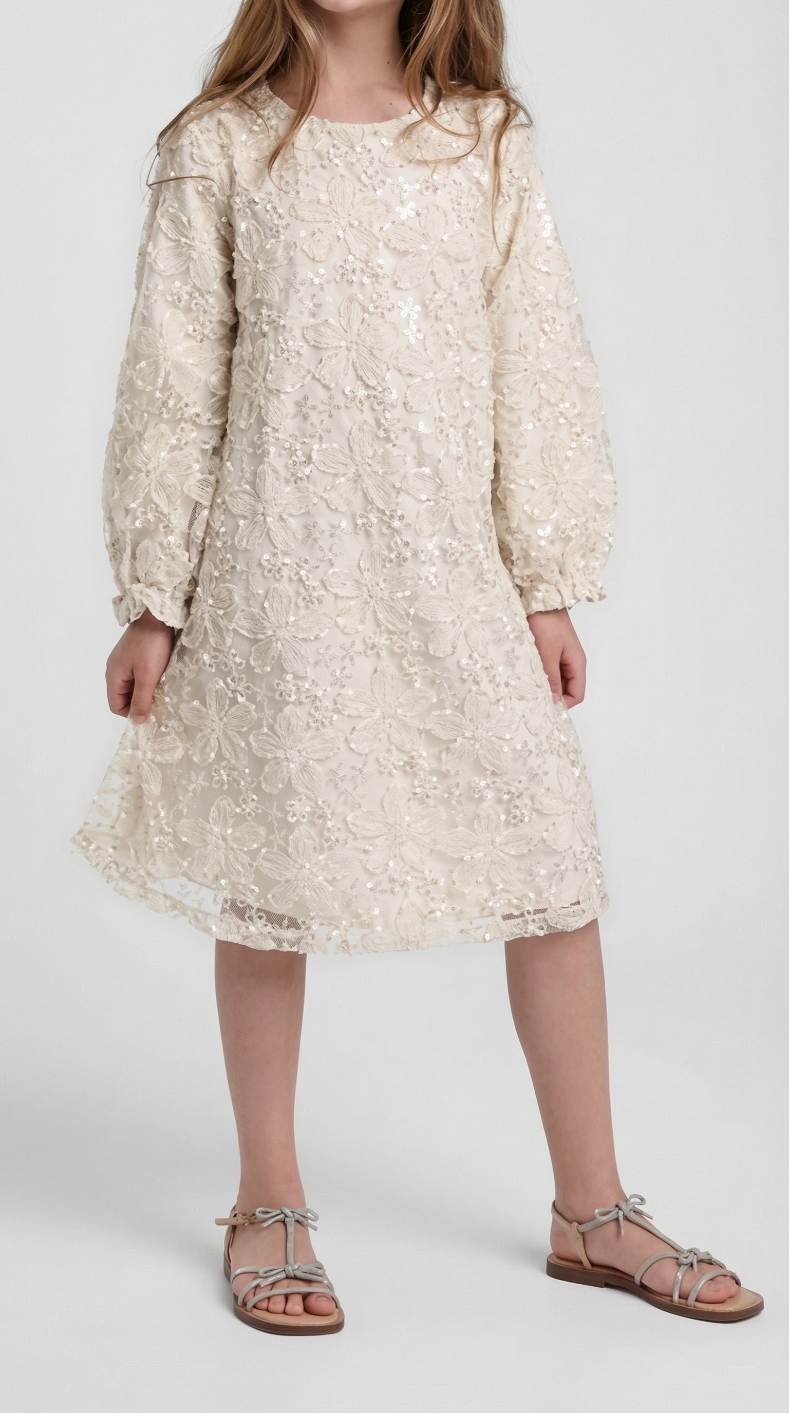 Ivory floral lace children's dress by Escable Kids, featuring delicate lace fabric and a charming, elegant design.