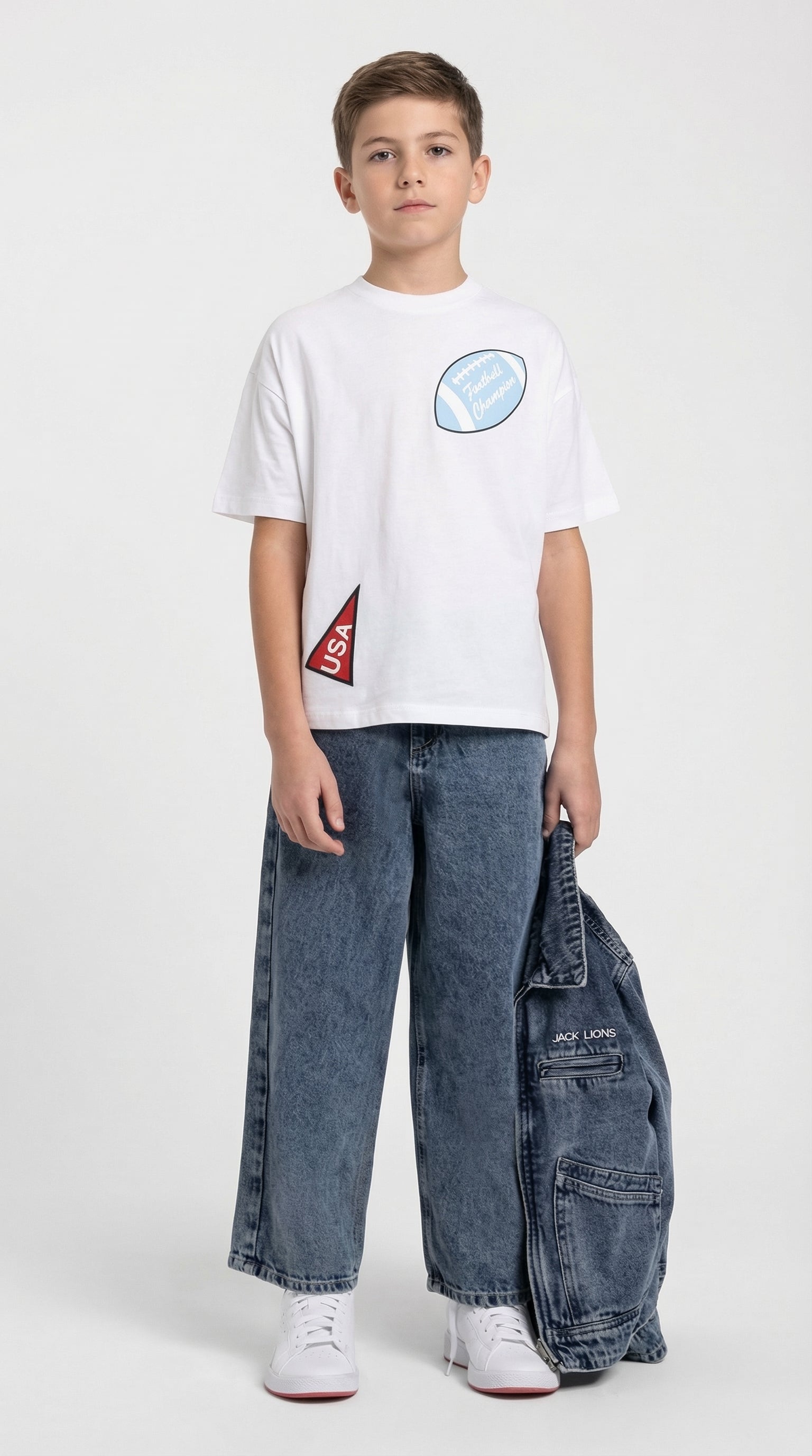 Child wearing stylish black straight-leg denim jeans by Escable Kids, showcasing a comfortable fit and classic design.