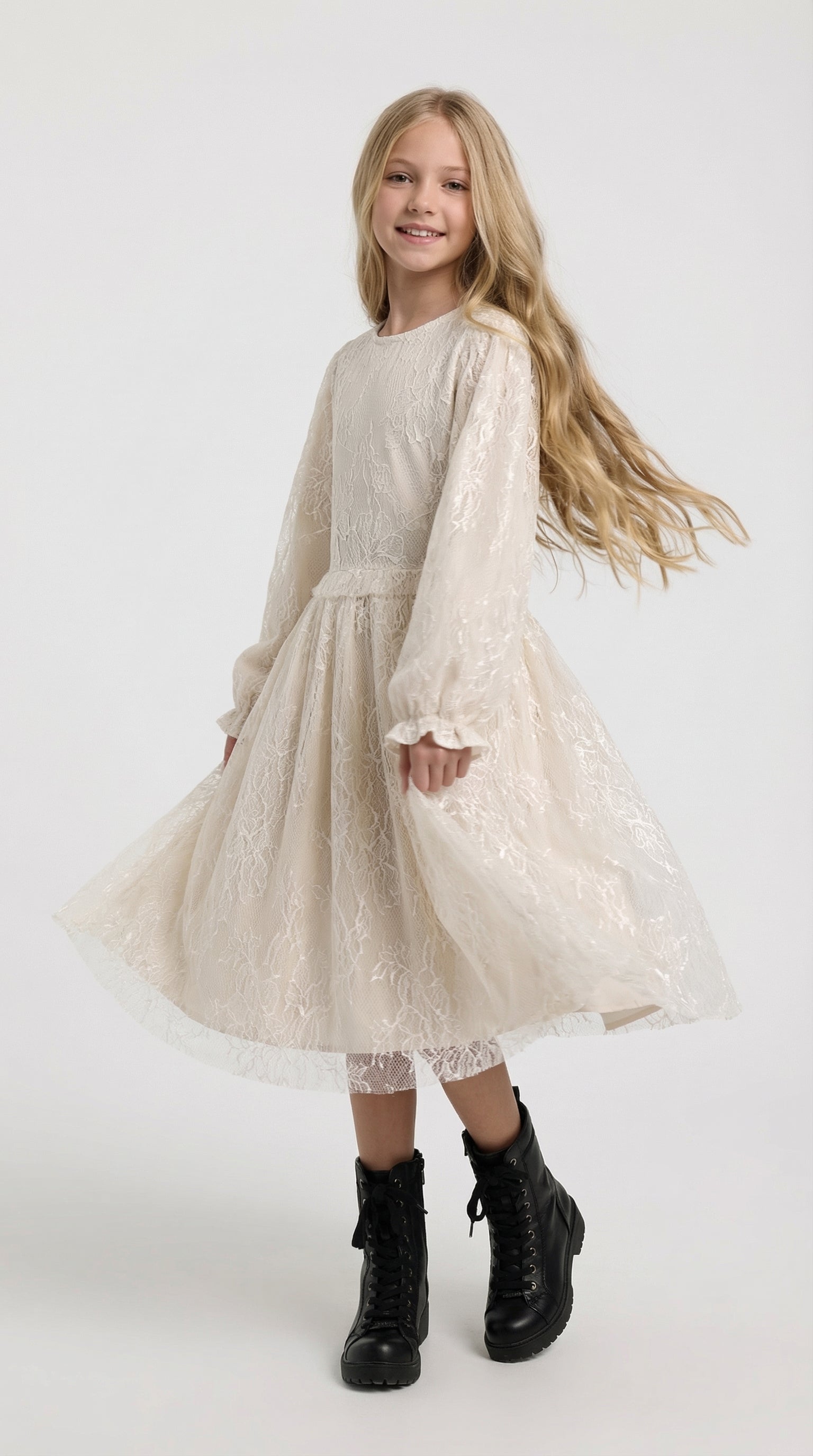 Ivory lace princess dress for kids by Escable Kids, featuring elegant lace details and a full skirt, suitable for special occasions.