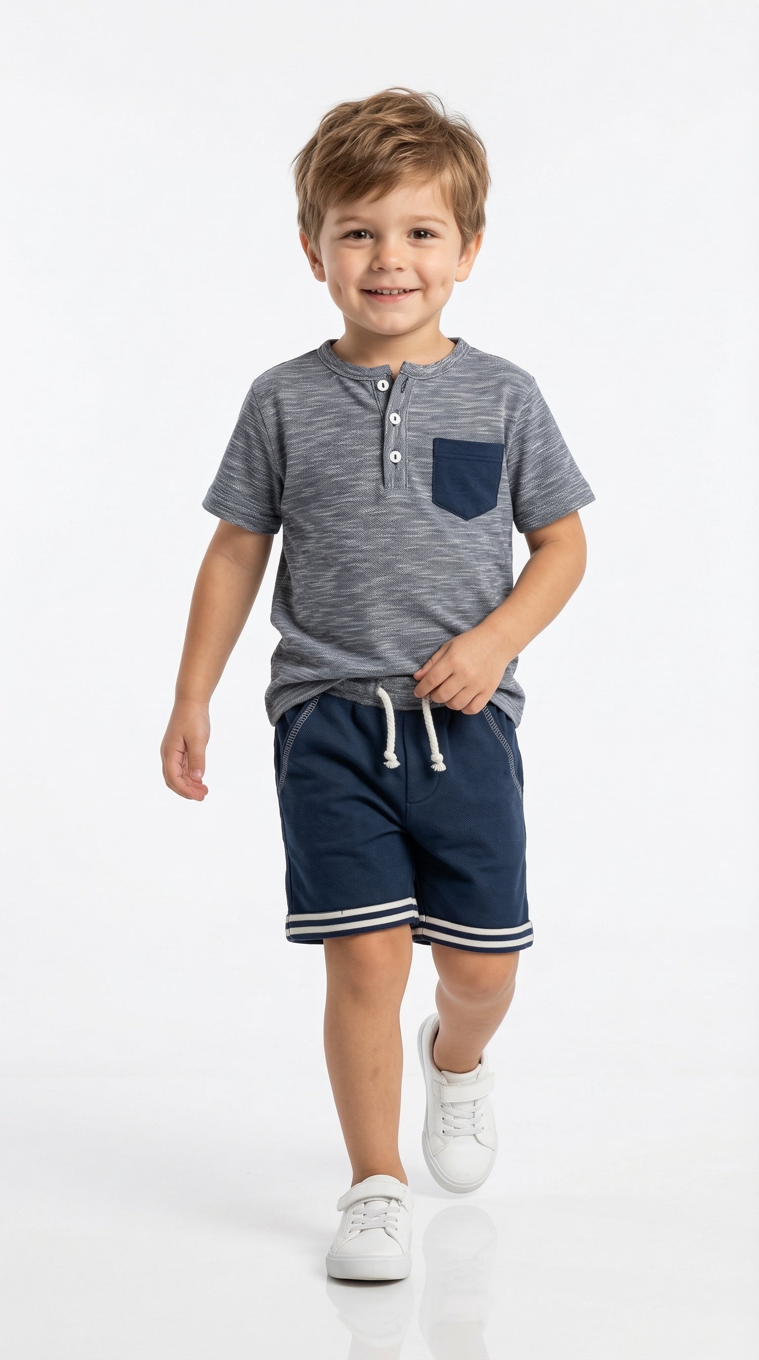 Ultraphotorealistic image of a children's Henley Play Set by Bobby Jr Kids Wear, featuring a comfortable, stylish design for kids.