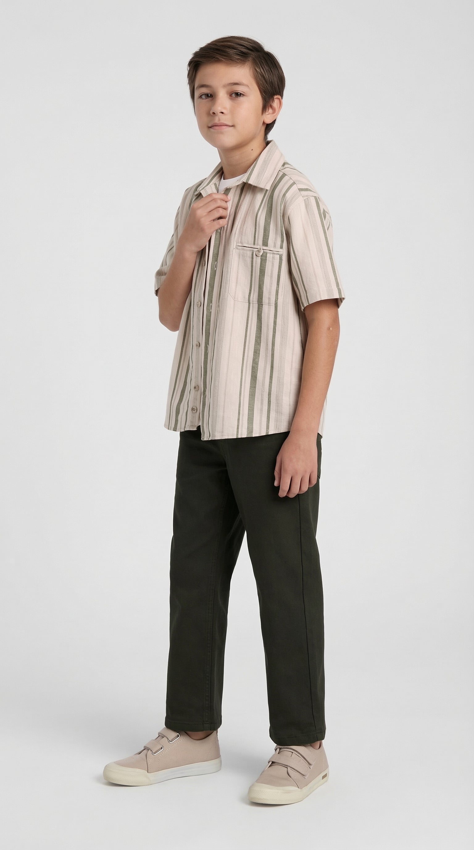 Children’s Olive Stripe Shirt and Pants set by Escable Kids, featuring a stylish matching top and bottoms for kids.