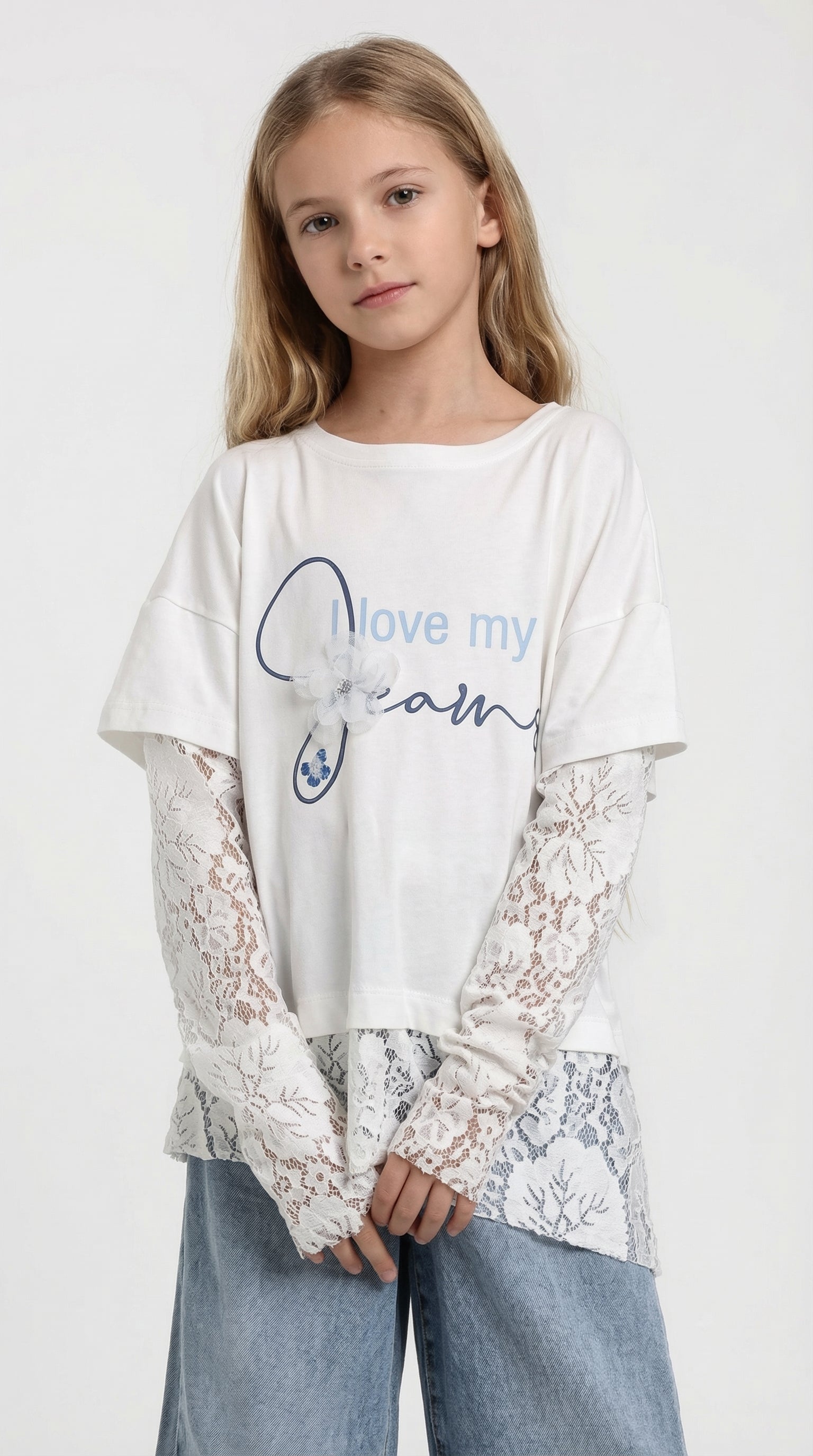 Children's Dreams Lace Layer Tee by Escable Kids, showing a stylish white t-shirt with lace details and layered design.