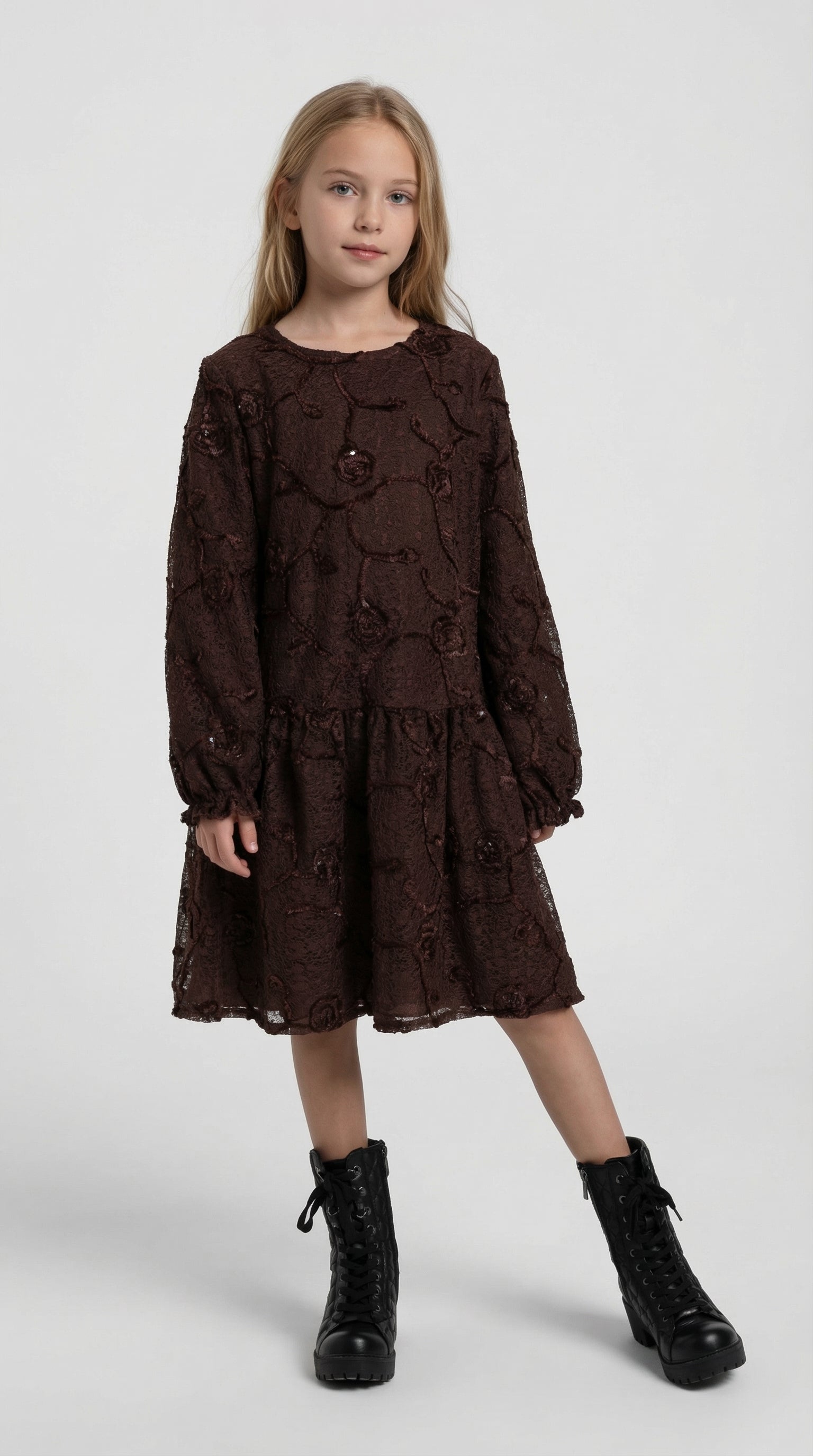 Children's Bloom Lace Dress by Escable Kids featuring a delicate lace design and soft fabric in a charming, stylish dress.