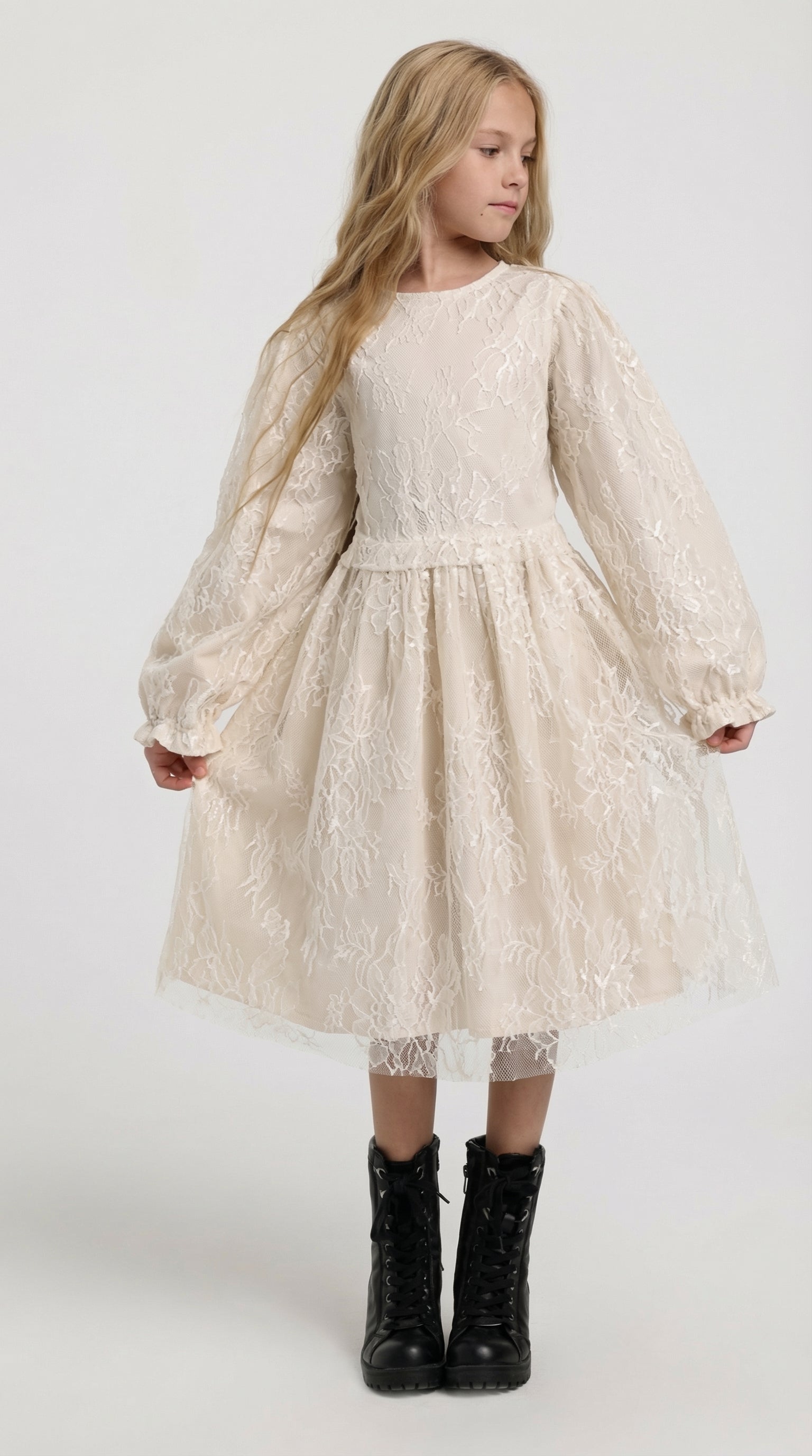 Ivory lace princess dress for children by Escable Kids, featuring delicate lace details and a flowing, elegant design.