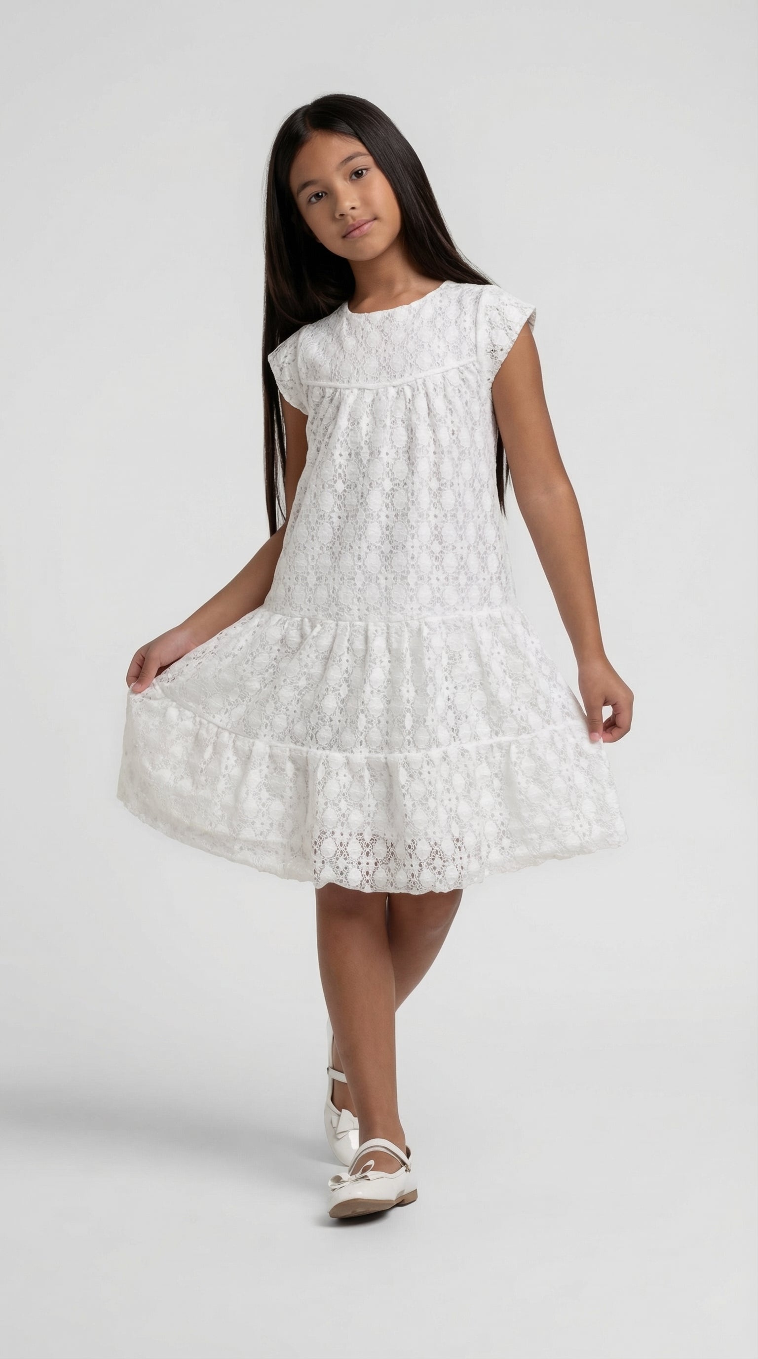 Children's Pearl Lace Tier Dress by Escable Kids, featuring delicate lace layers and a classic, elegant design.