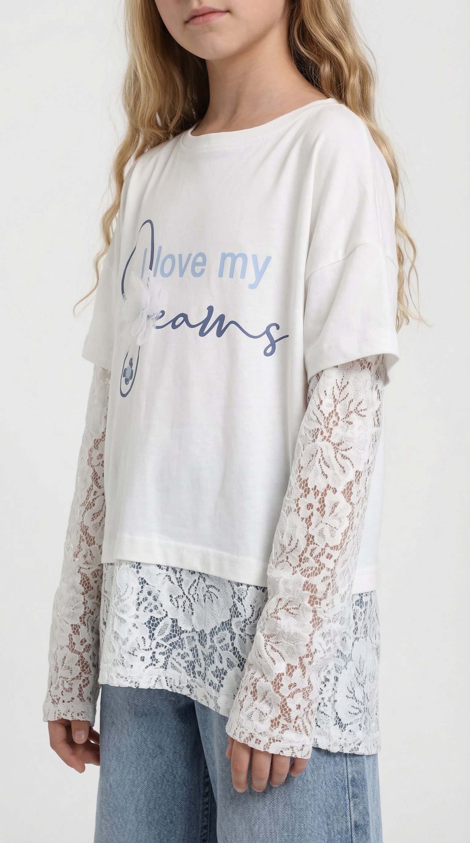 Children's white lace layer tee by Escable Kids featuring a soft, layered design, perfect for casual and stylish wear.