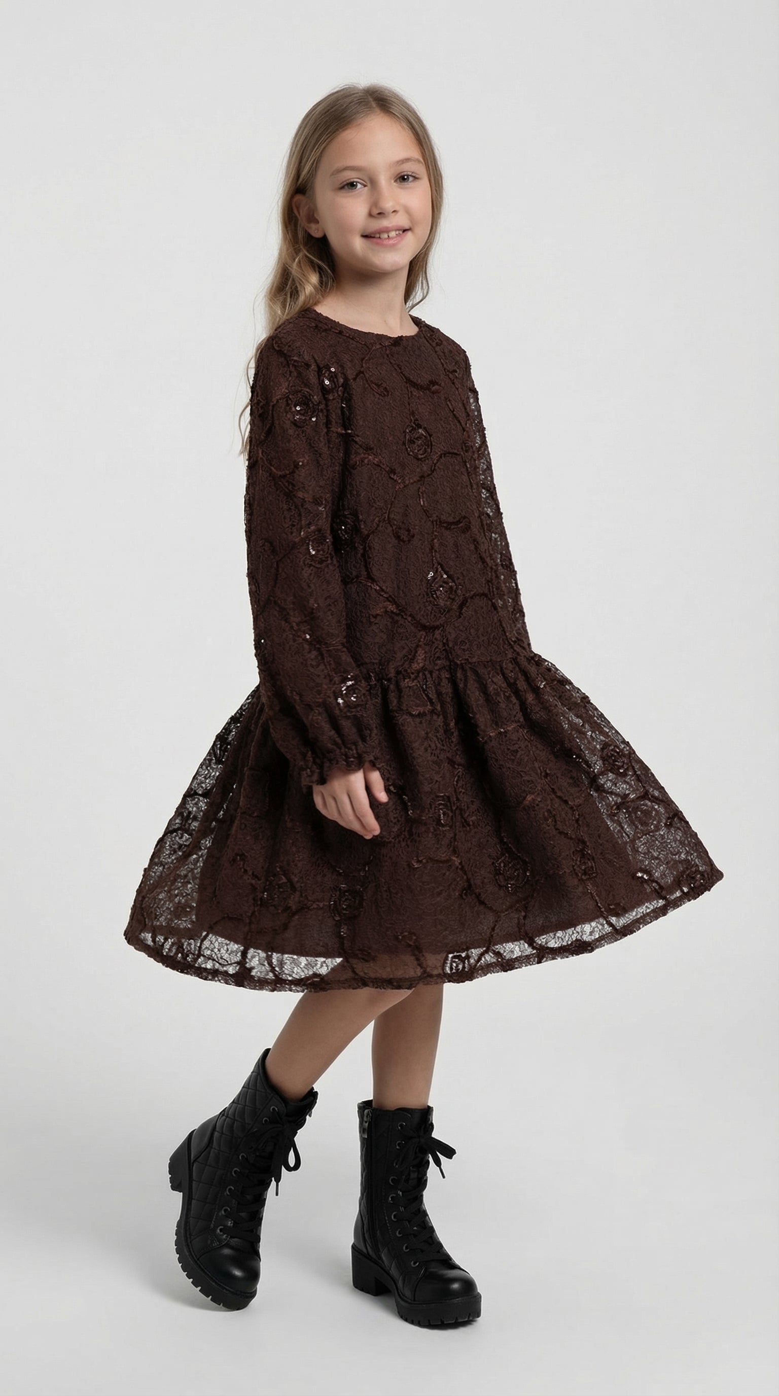 Children's Bloom Lace Dress by Escable Kids, featuring a delicate lace design and a soft, flowing fabric for special occasions.
