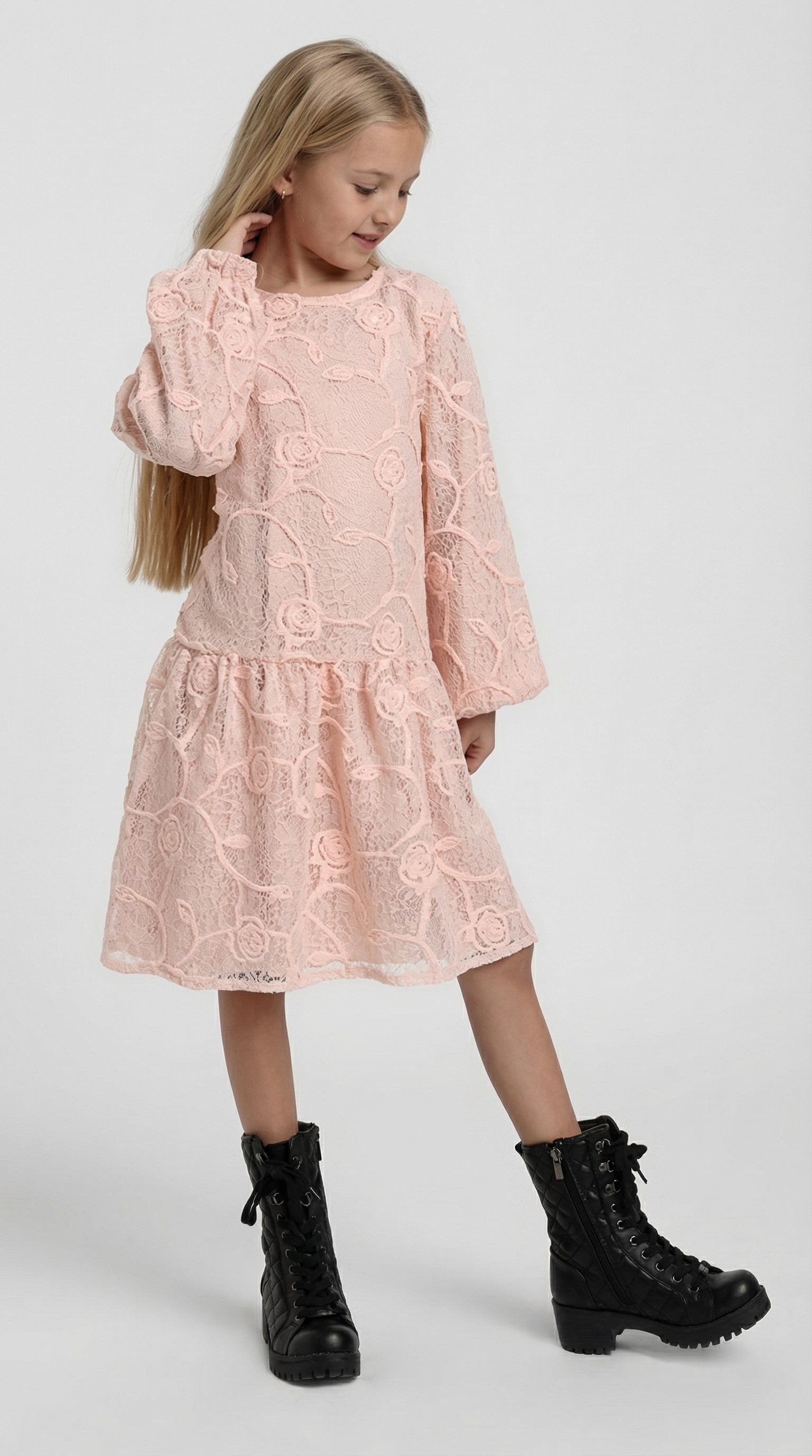 Children's Bloom Lace Dress by Escable Kids featuring delicate lace fabric, perfect for special occasions and elegant style.