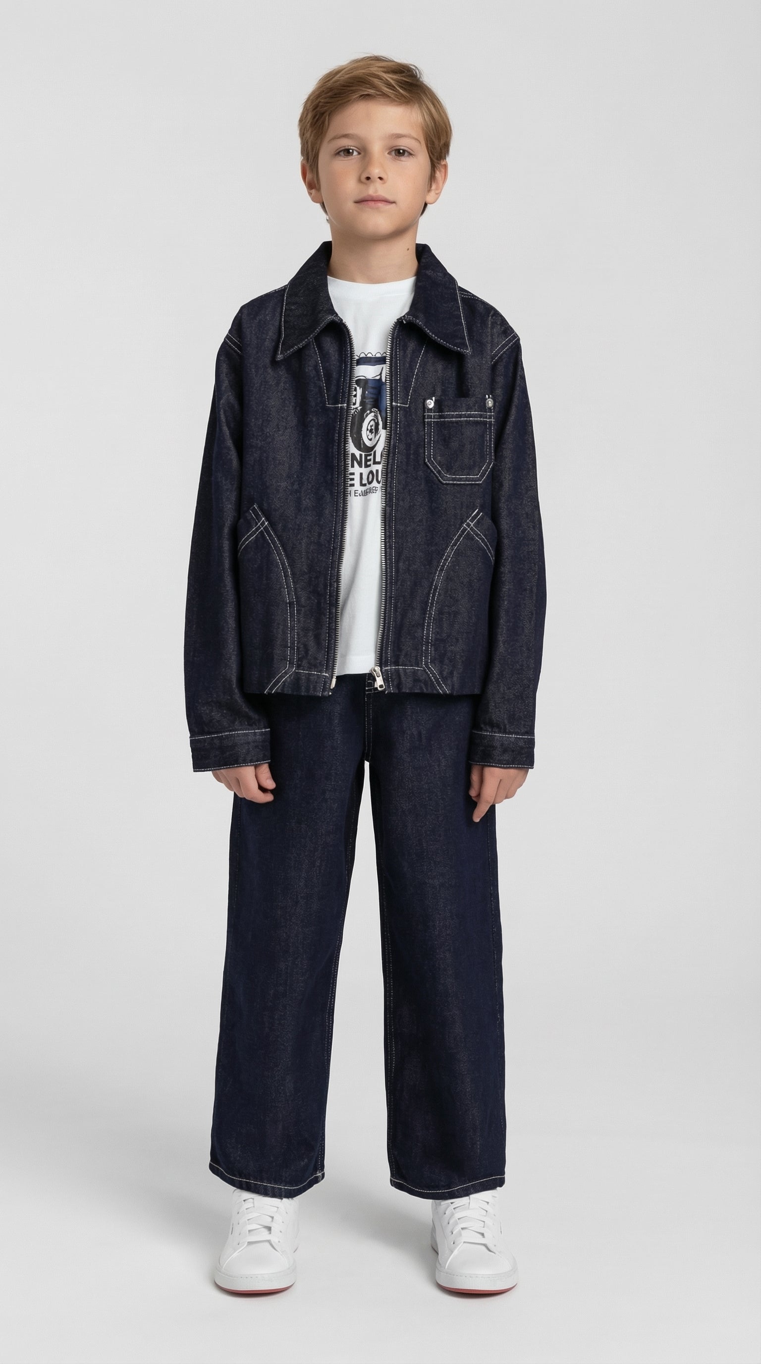 Children's denim jacket and pants set by Escable Kids, featuring classic blue denim with button details and casual style.
