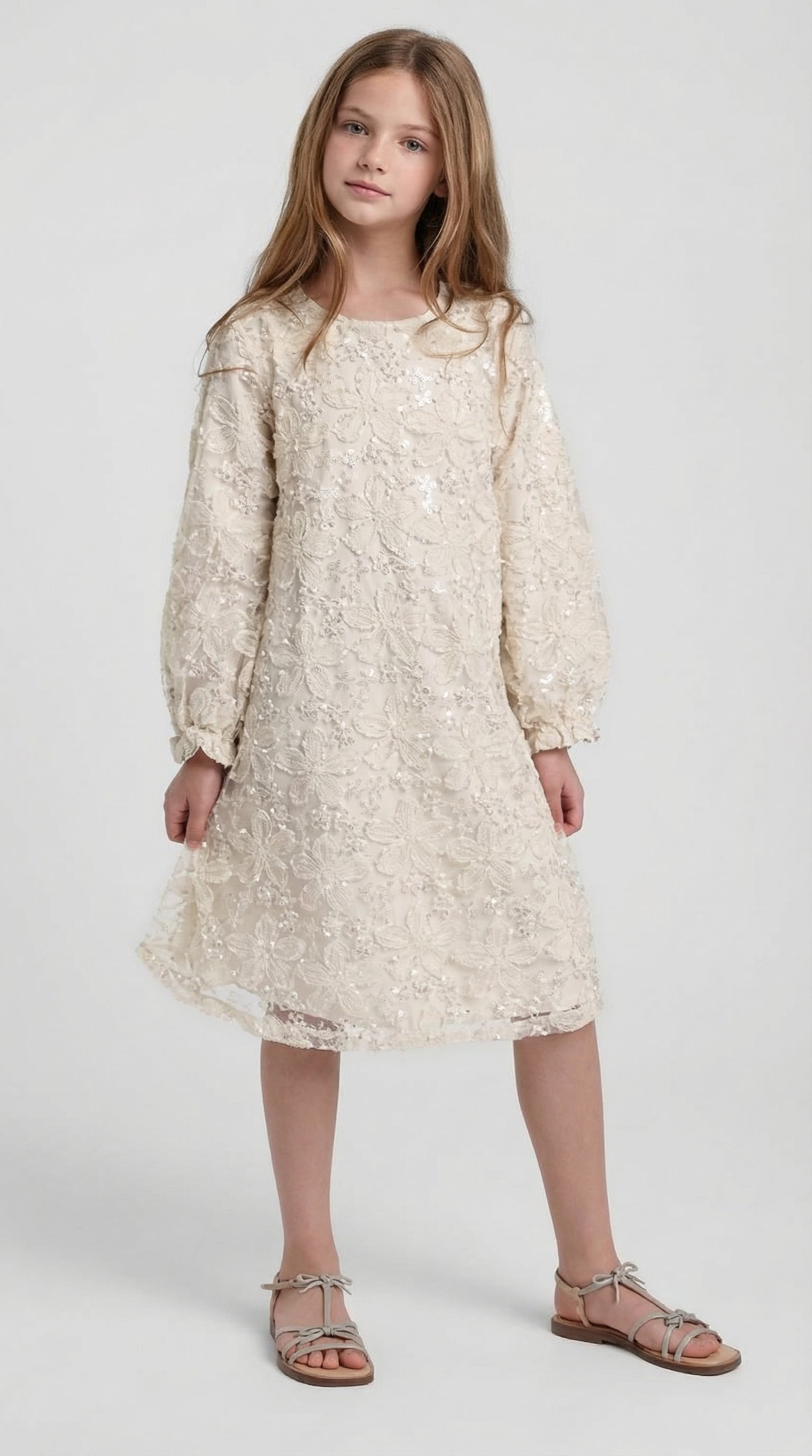 Ivory floral lace dress for children by Escable Kids, featuring delicate lace fabric and a classic, elegant design.