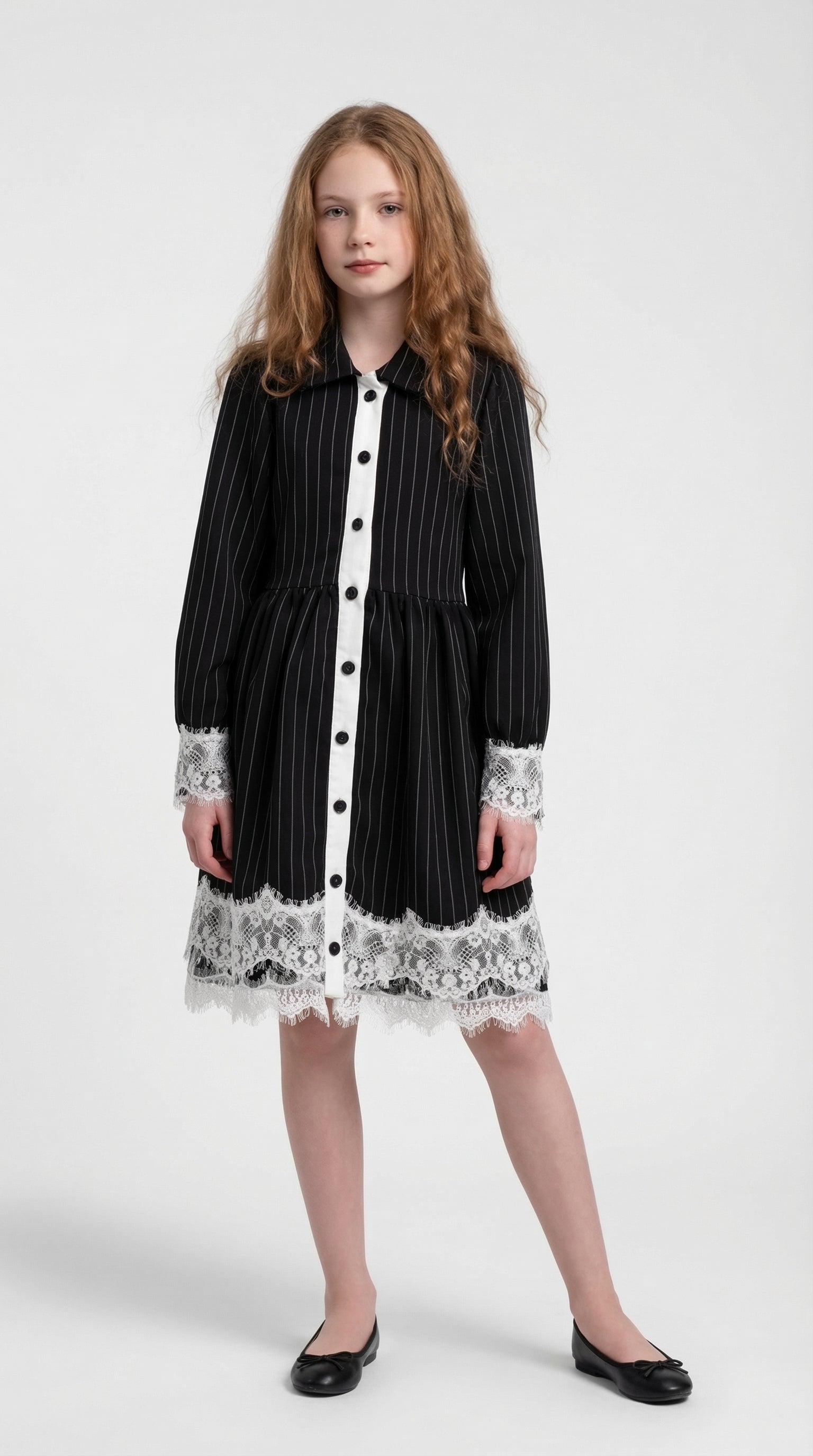 Children's Midnight Pinstripe Lace Dress by Escable Kids, featuring a stylish lace and pinstripe design for special occasions.
