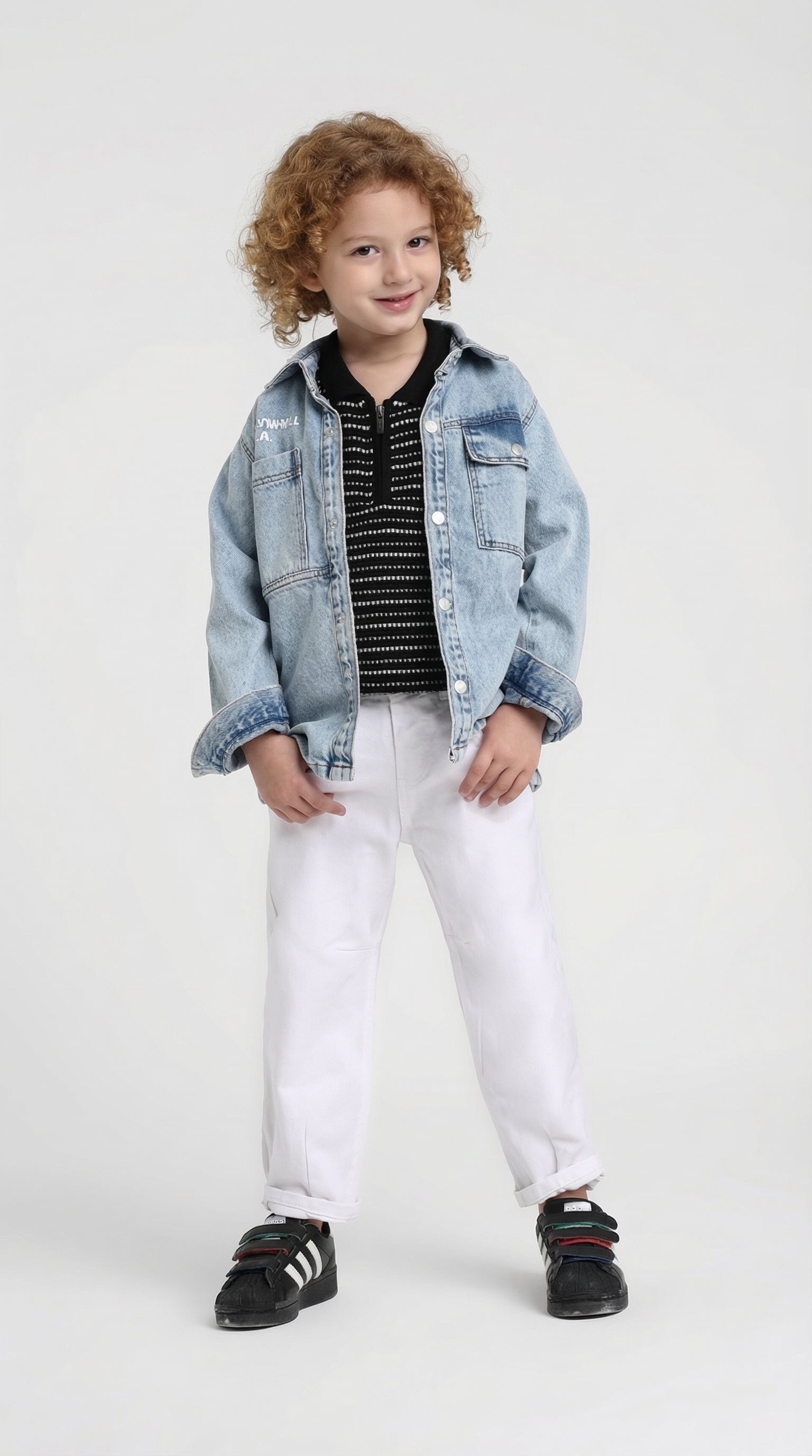 Escable Kids Urban Denim Three-Piece Set featuring a jacket, top, and pants for stylish children's outfits.