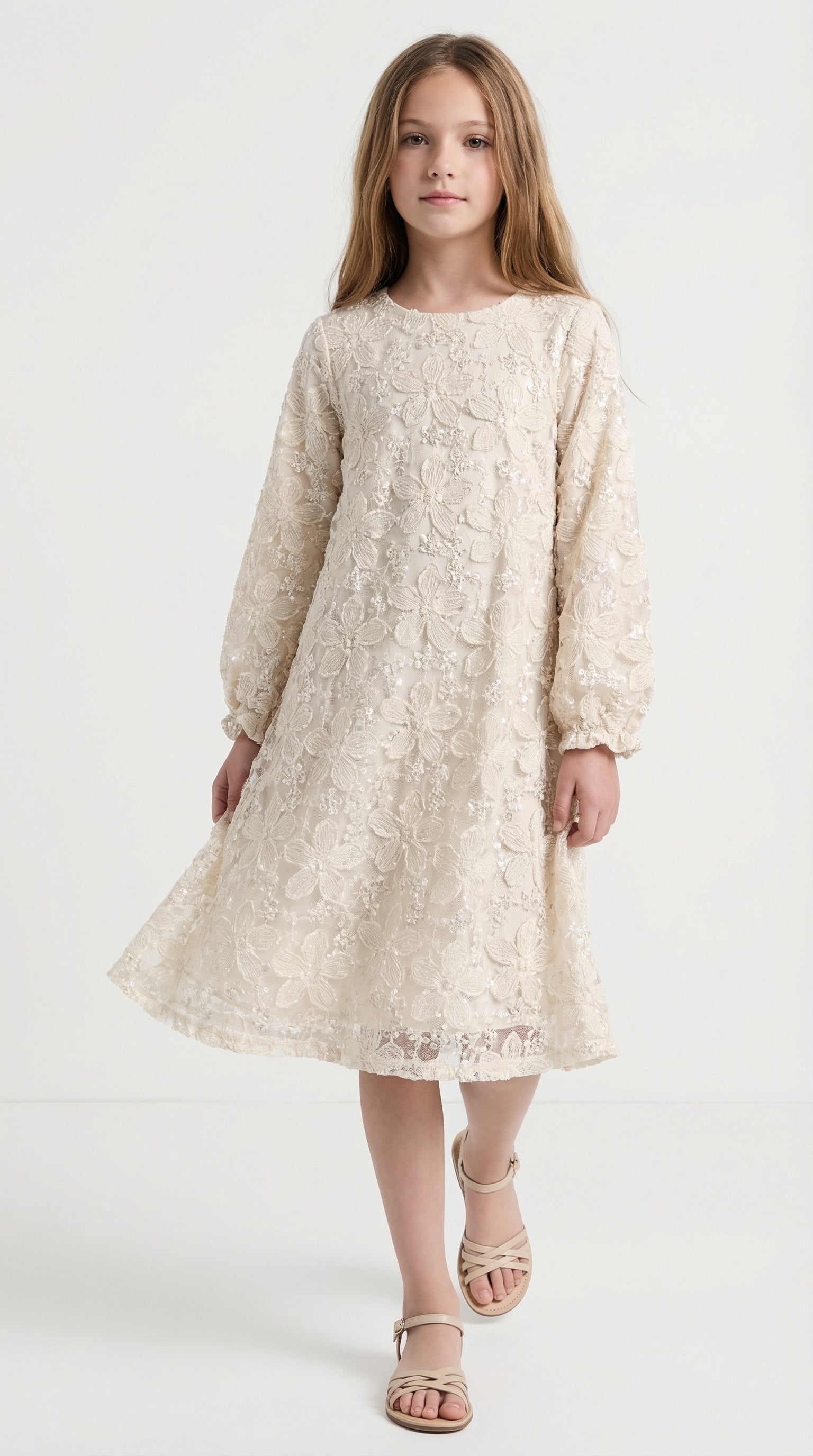 Ivory floral lace dress for children by Escable Kids, featuring delicate lace fabric and a classic, elegant design.