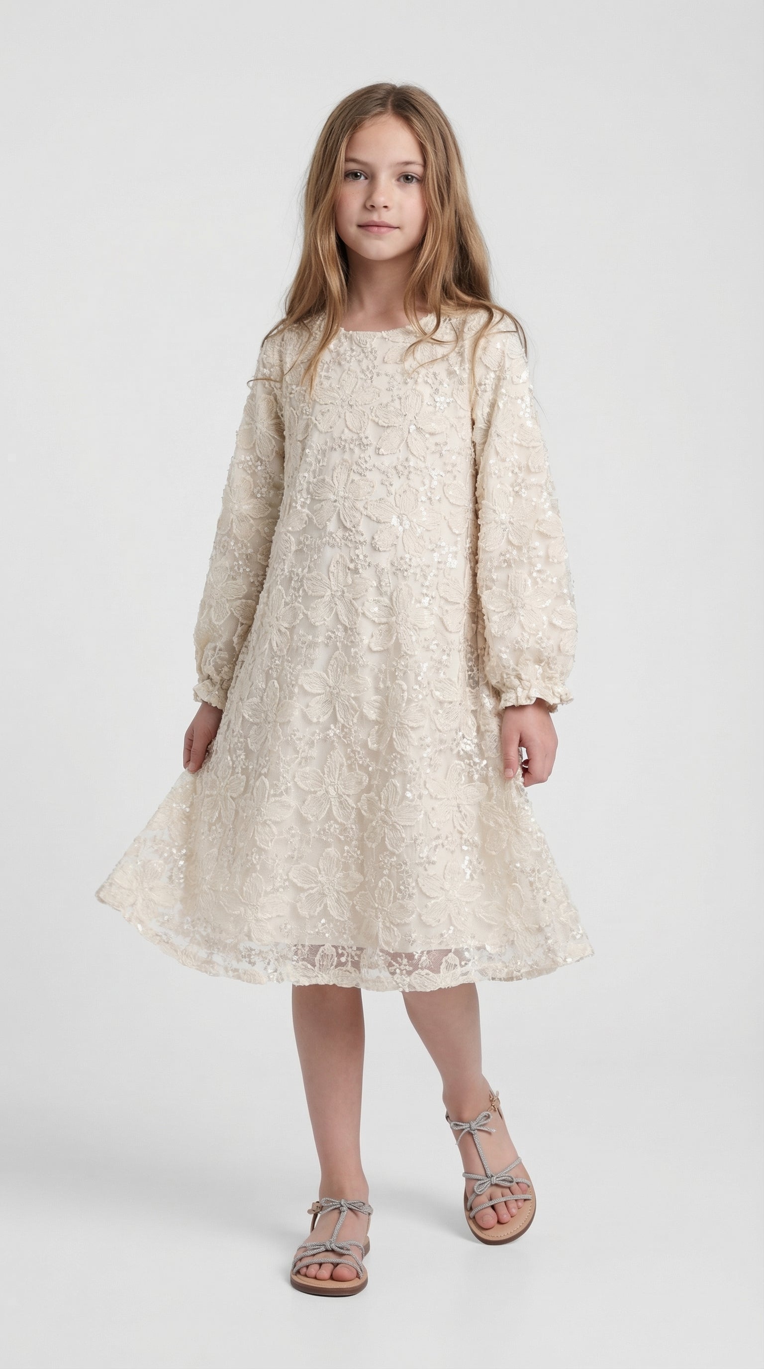 Ivory floral lace dress for children by Escable Kids, featuring delicate lace fabric and a classic, elegant design.