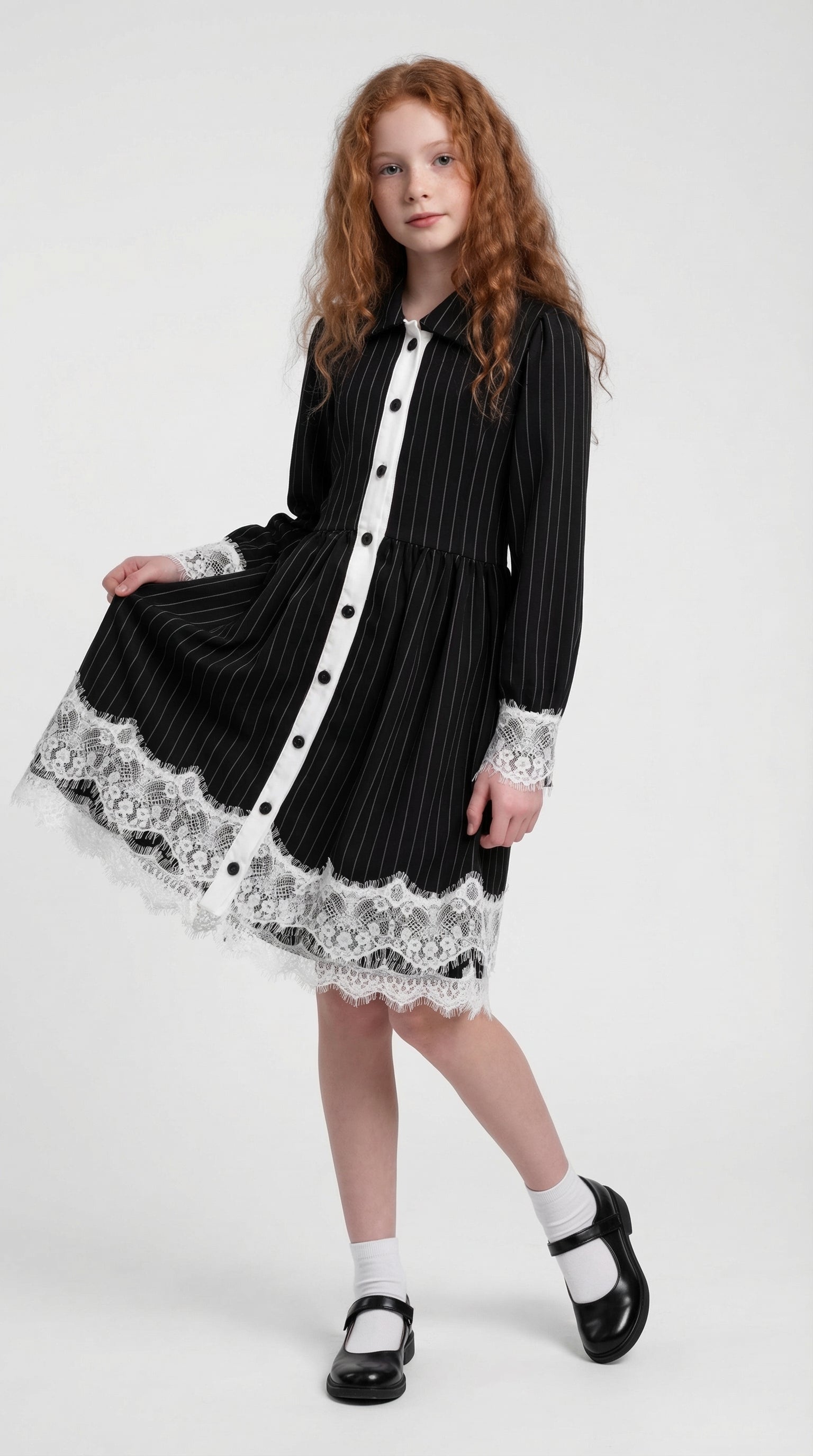 Children's Midnight Pinstripe Lace Dress by Escable Kids, featuring a stylish lace design and pinstripe pattern for formal wear.