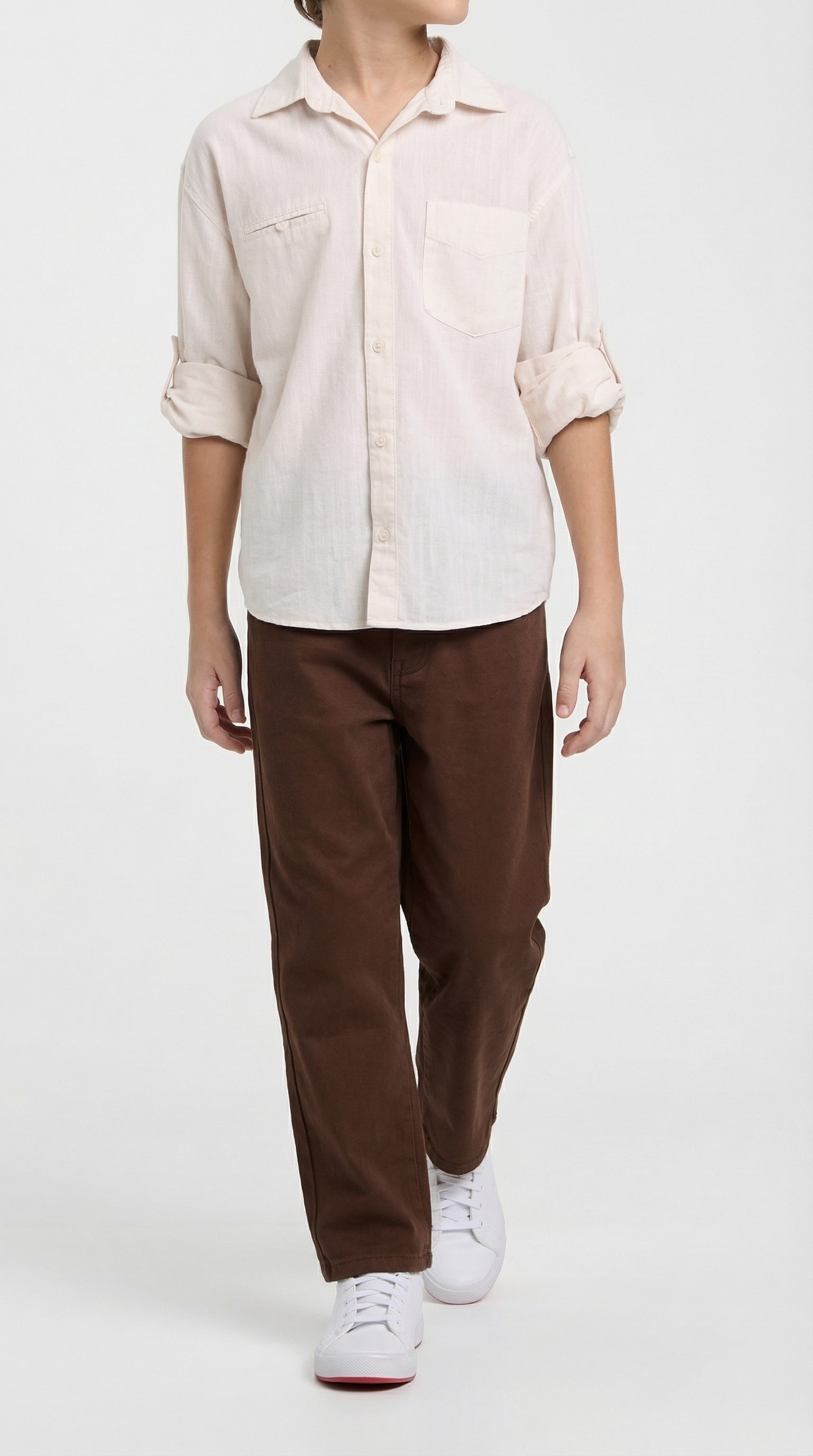 Children's natural linen shirt and brown pants set by Escable Kids, featuring a casual, stylish outfit for kids.