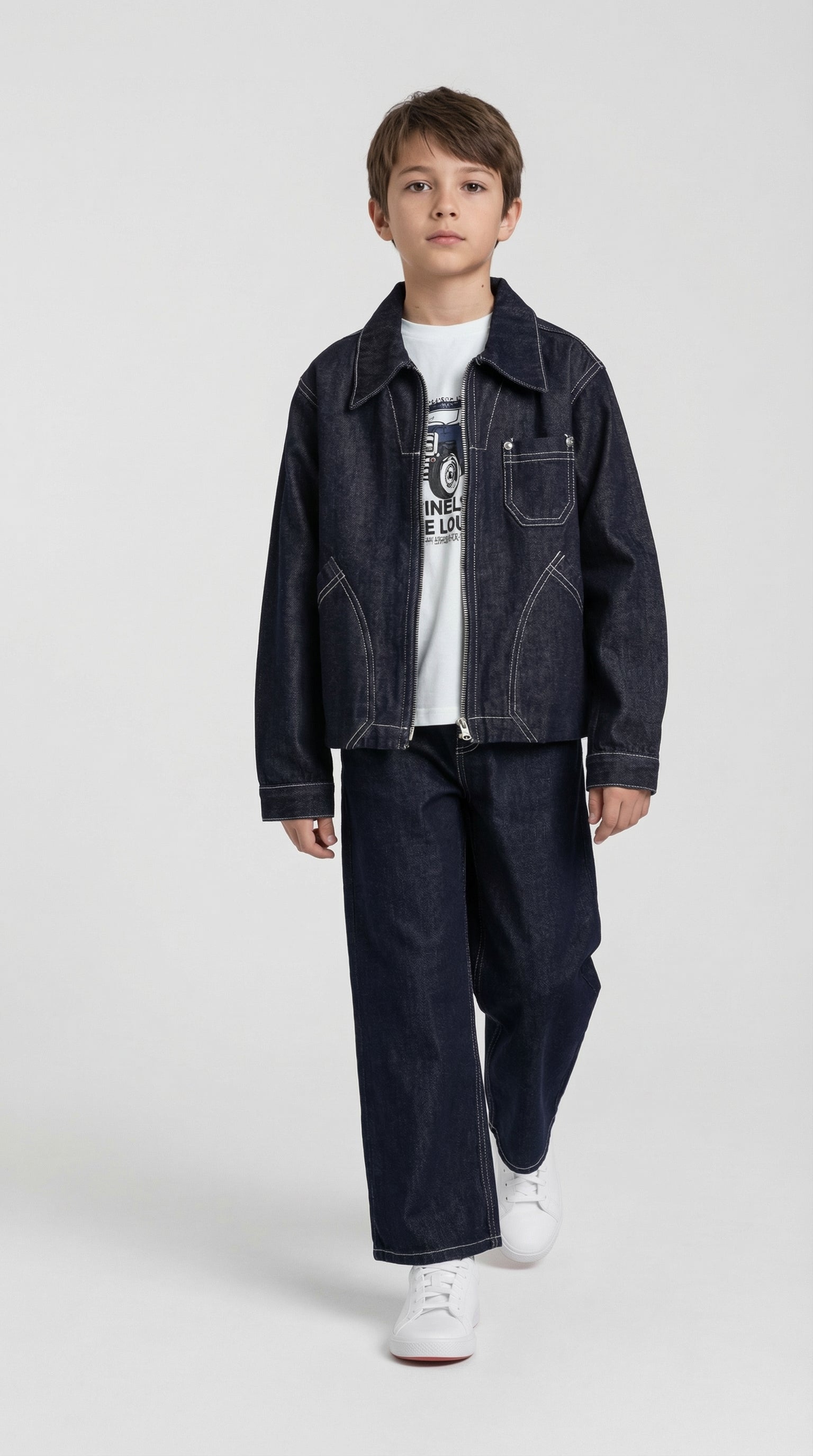 Children's denim jacket and pants set by Escable Kids, featuring a classic blue denim design and casual fit.