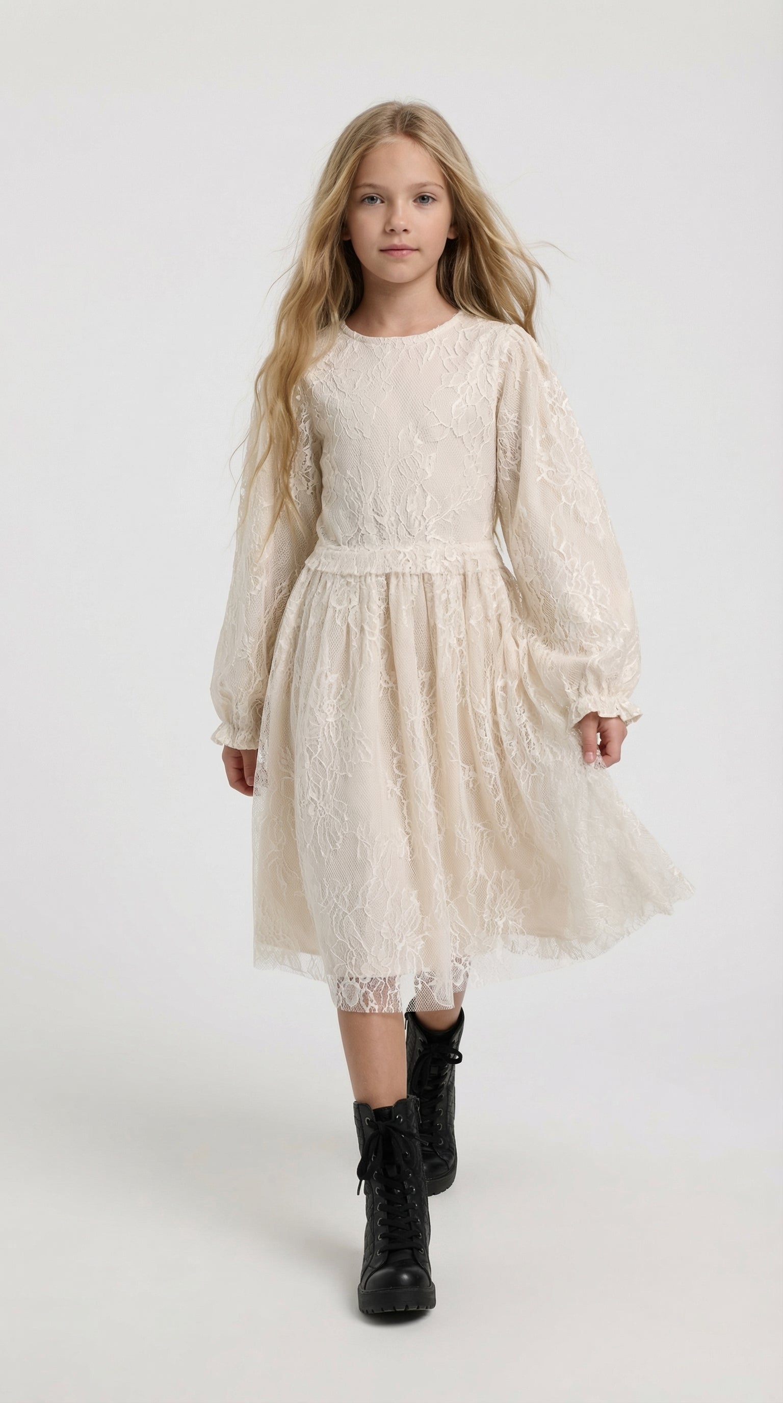 Ivory lace princess dress for kids by Escable Kids, featuring intricate lace details and a flowing skirt.