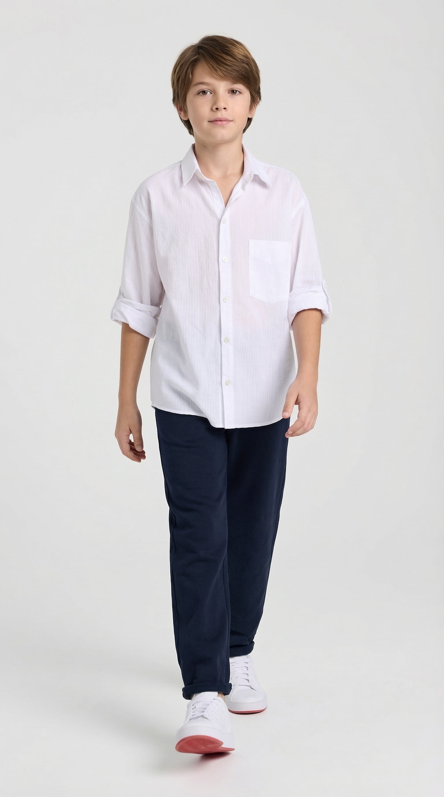 Children's classic white shirt and navy pants set by Escable Kids, featuring a crisp white shirt and navy trousers for kids.
