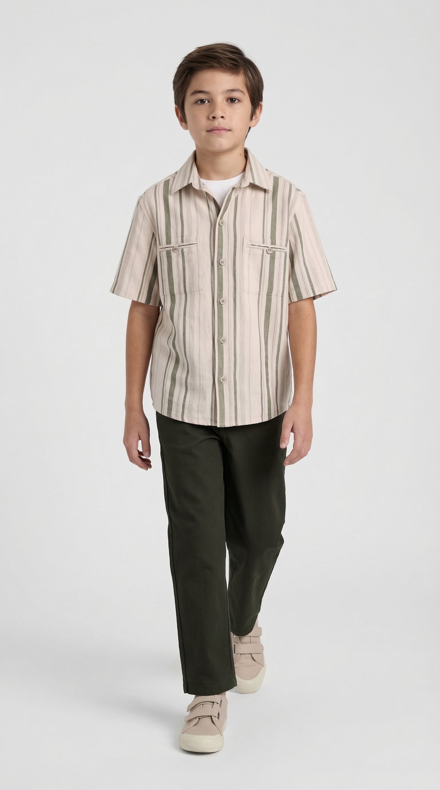 Children's olive stripe shirt and pants set by Escable Kids, featuring a coordinated casual outfit with striped fabric and comfortable fit.
