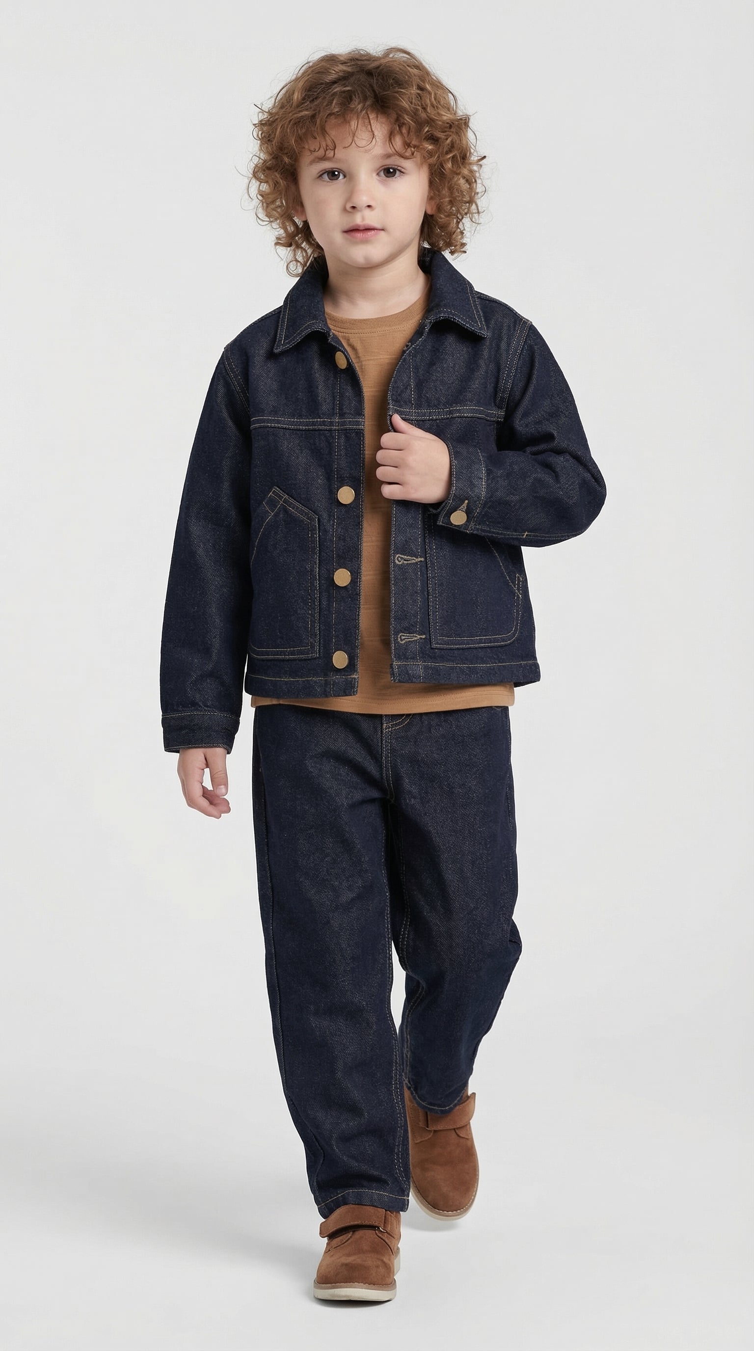 Escable Kids Explorer Denim Three-Piece Set featuring a jacket, top, and pants for stylish children's fashion.