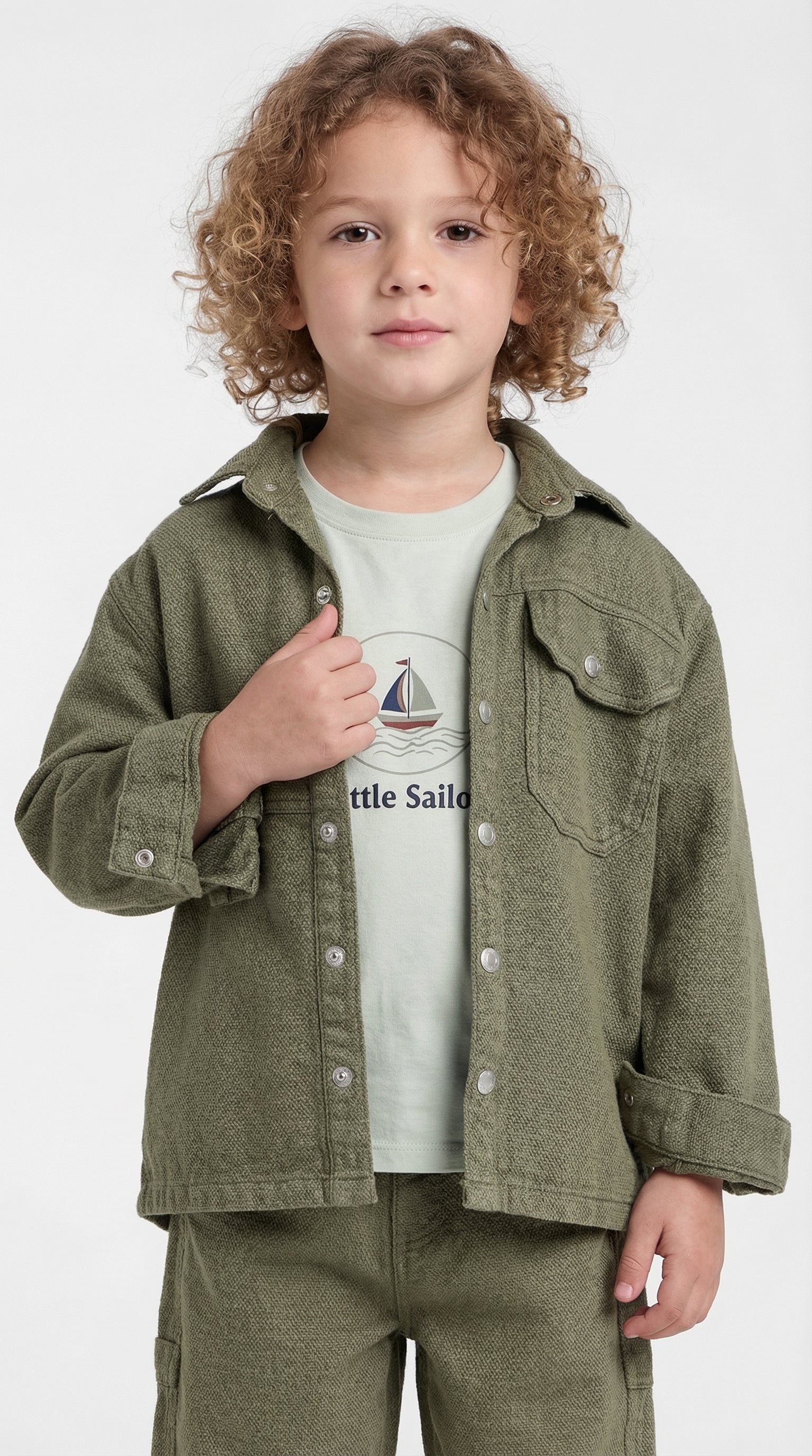 Little Sailor three-piece set by Escable Kids featuring a top, shorts, and matching hat in a playful nautical design.